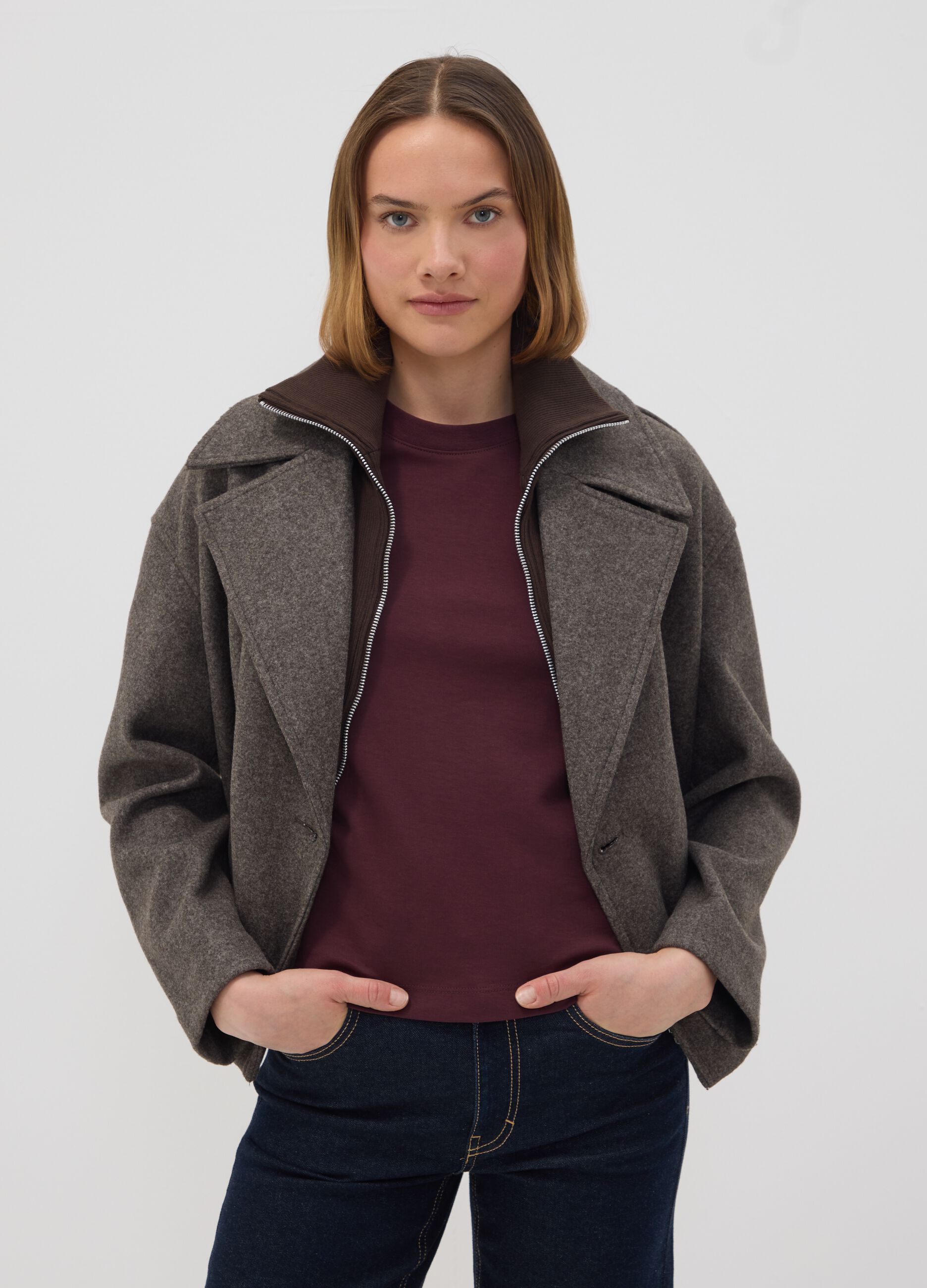 Grey double-breasted regular-fit jacket with zip and buttons