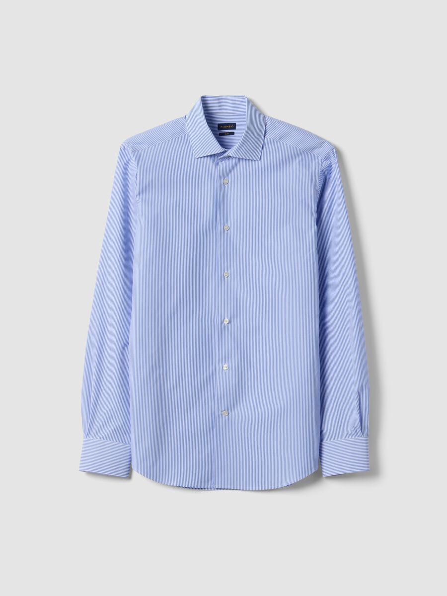 Light blue slim-fit pure cotton striped shirt_0
