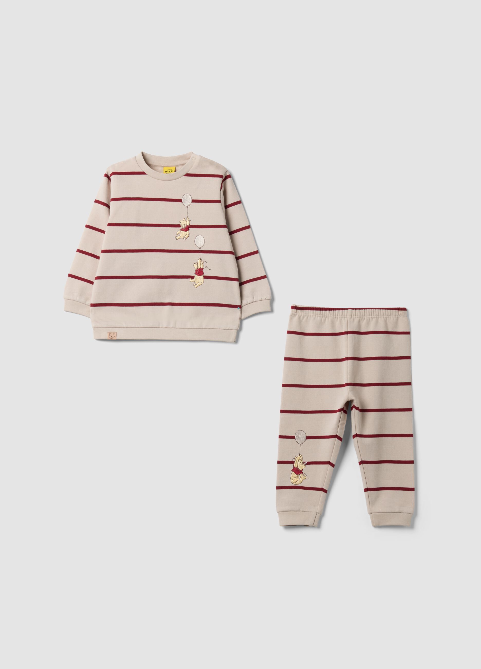 Beige pure organic cotton striped pyjamas with Winnie the Pooh embroidery