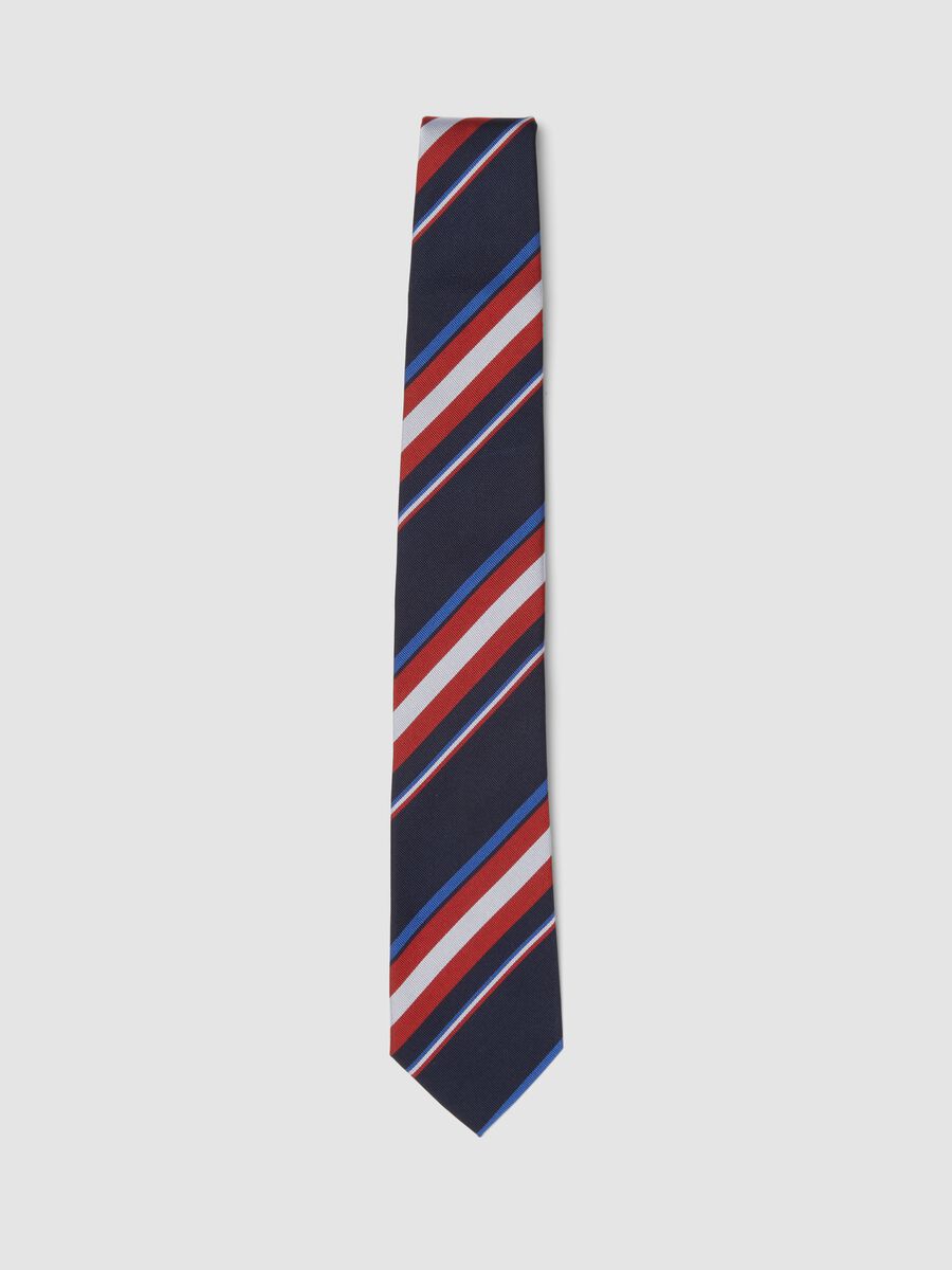 Blue and Red Diagonal-Stripe Pure Silk Tie_0