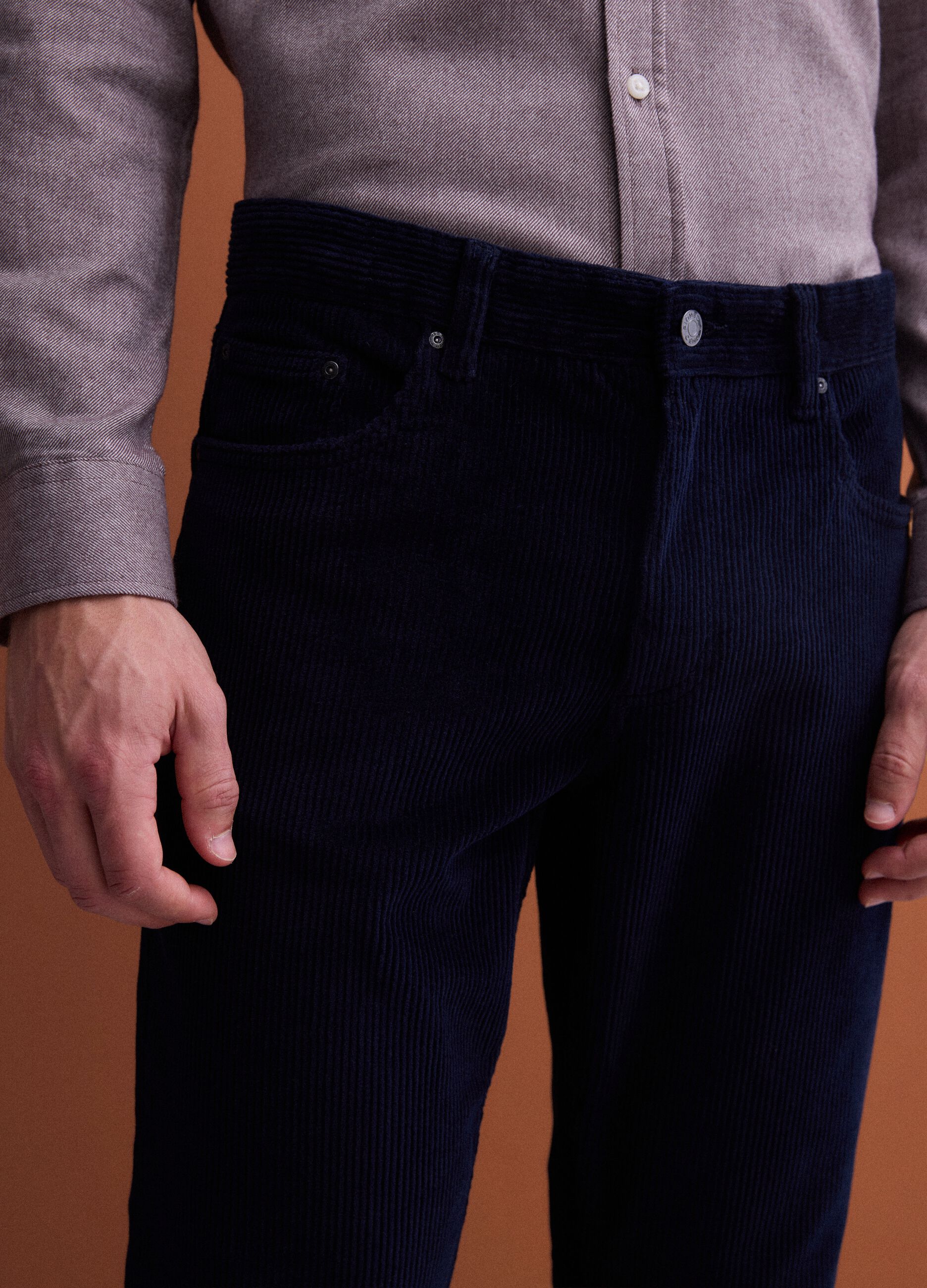 Pantaloni blu notte in cotone elasticizzato a coste regular fit