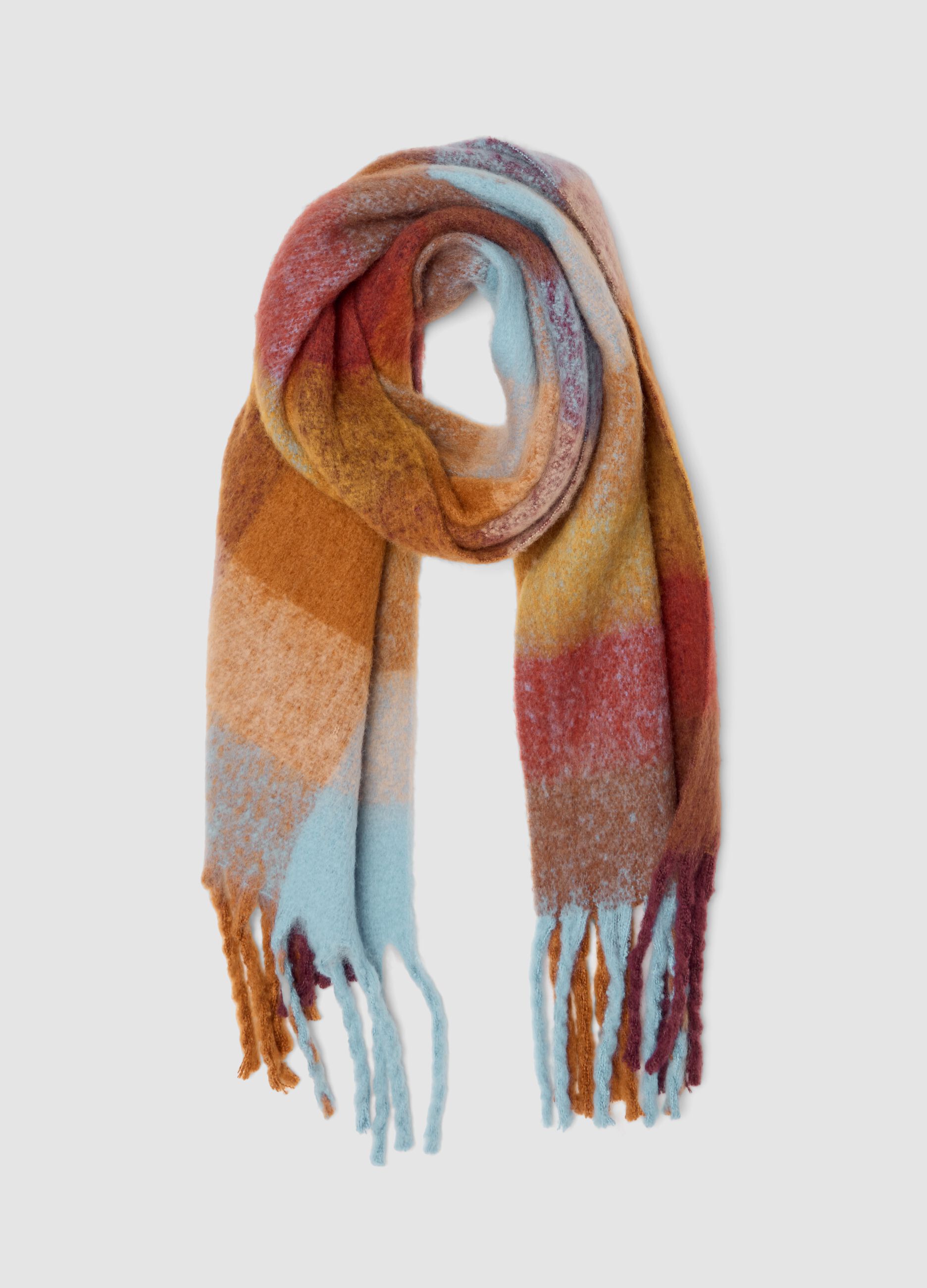 Sciarpa marrone in misto lana con frange