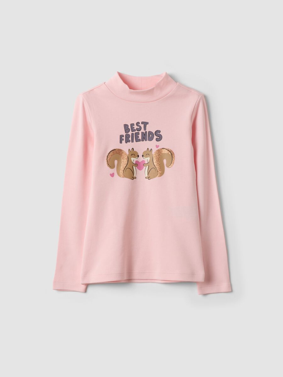 Pink organic cotton T-shirt with raised neck and animal print_0