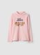 T-shirt rosa in puro cotone organico con collo rialzato e stampa animaletti_0