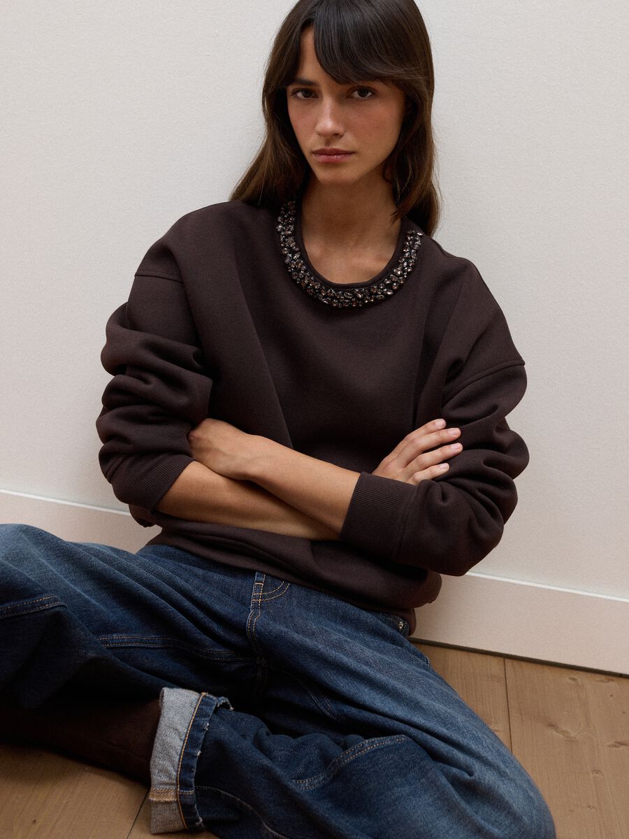 Brown cotton-blend sweatshirt with rhinestones_1