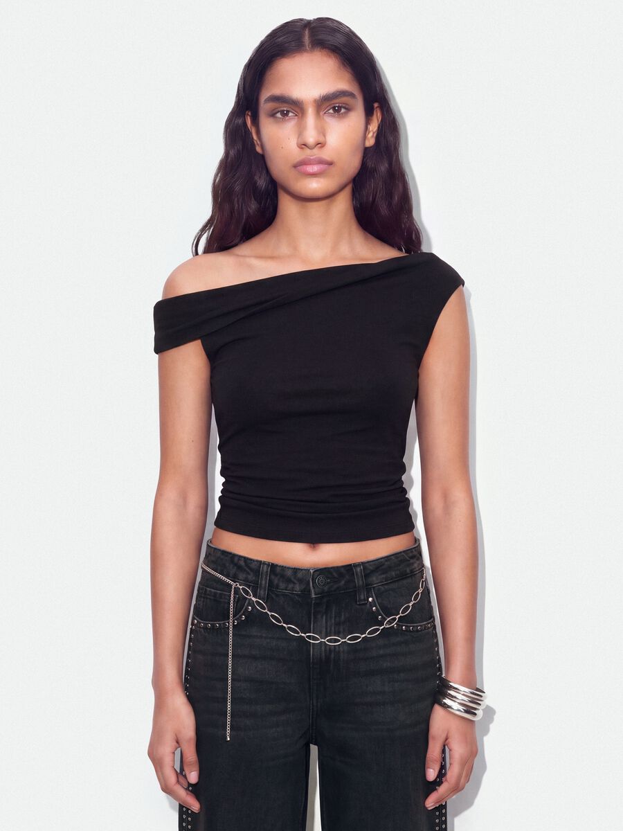 Black asymmetric one-shoulder slim-fit stretch viscose top_0