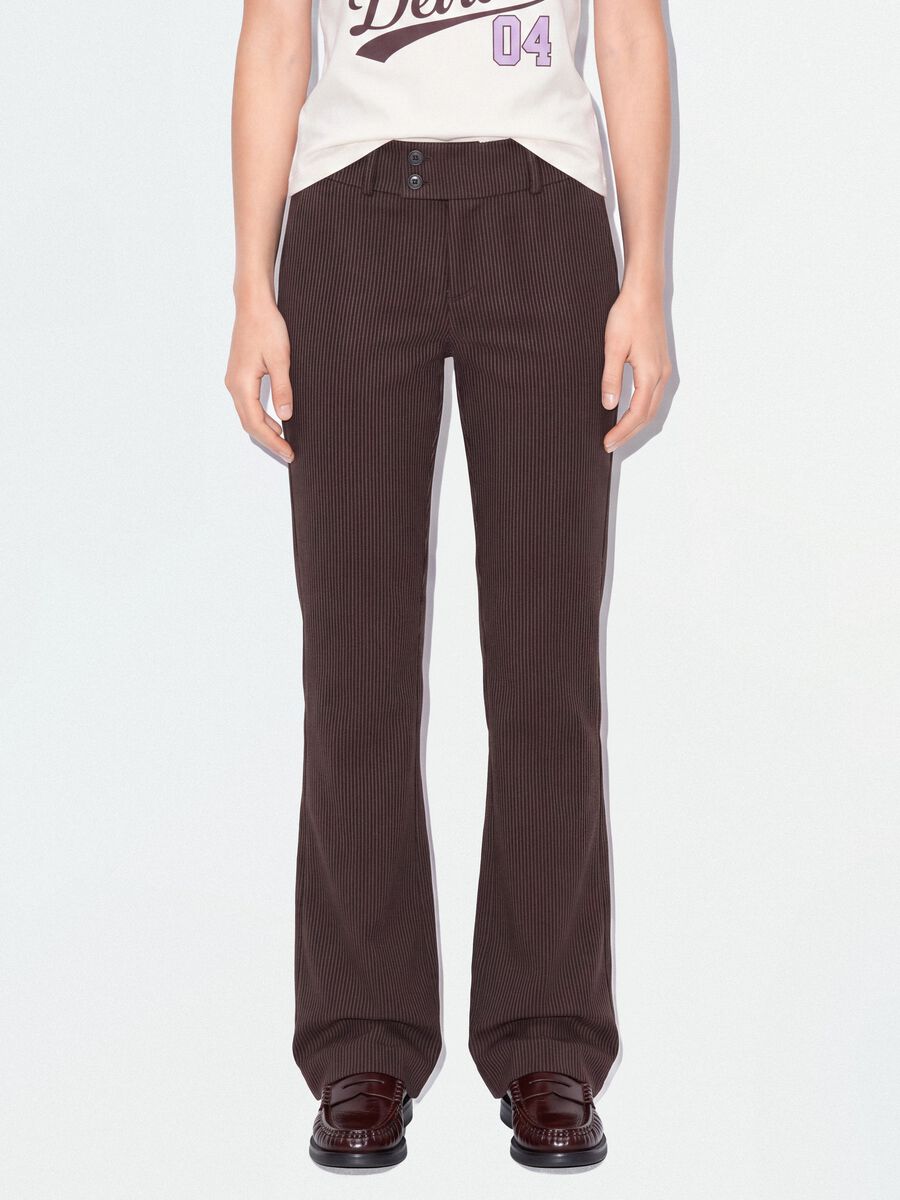 Brown flared trousers in stretch viscose with pinstripe pattern_1