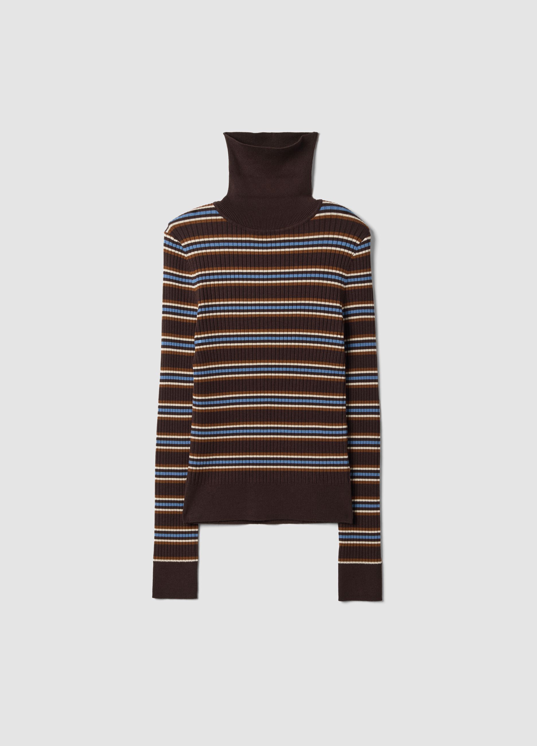 Brown striped fitted viscose-blend crew-neck jumper