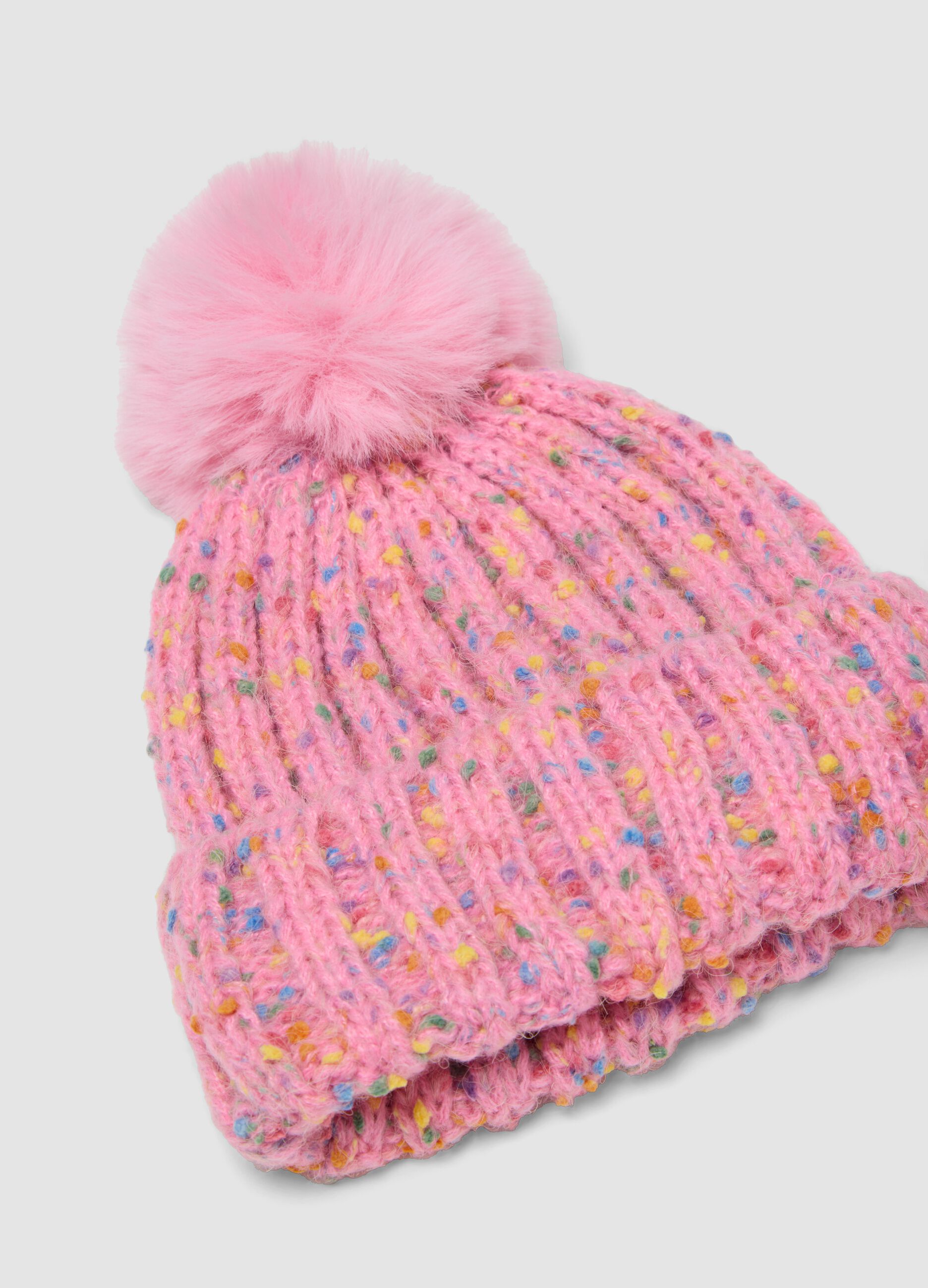 Pink rib-knit hat with pompom