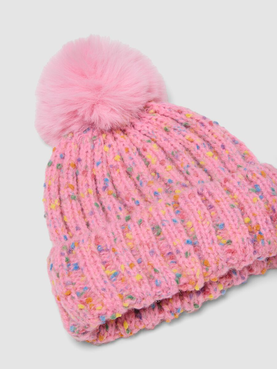 Pink rib-knit hat with pompom_1