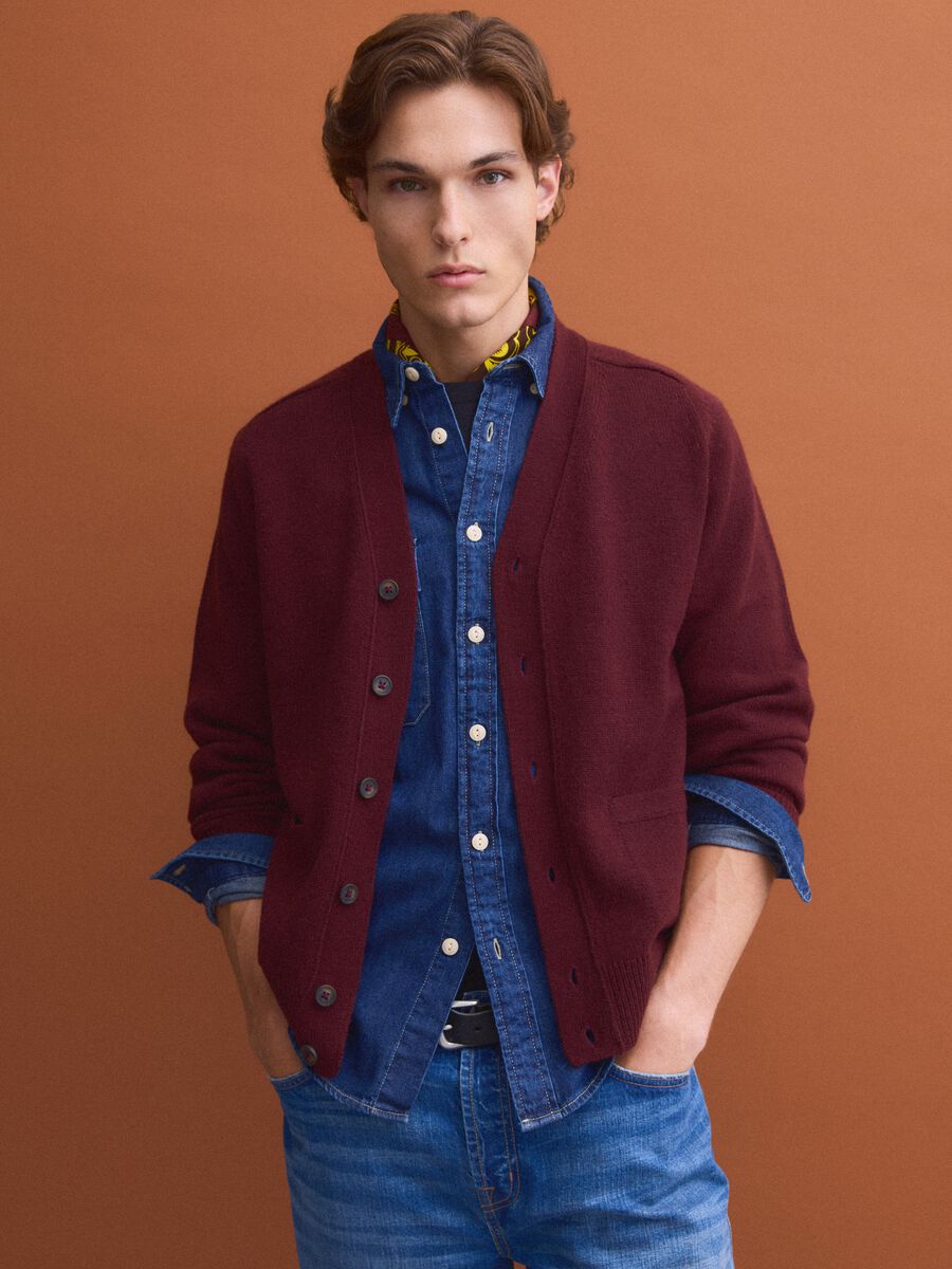 Red wool-blend cardigan with deep V-neck_0