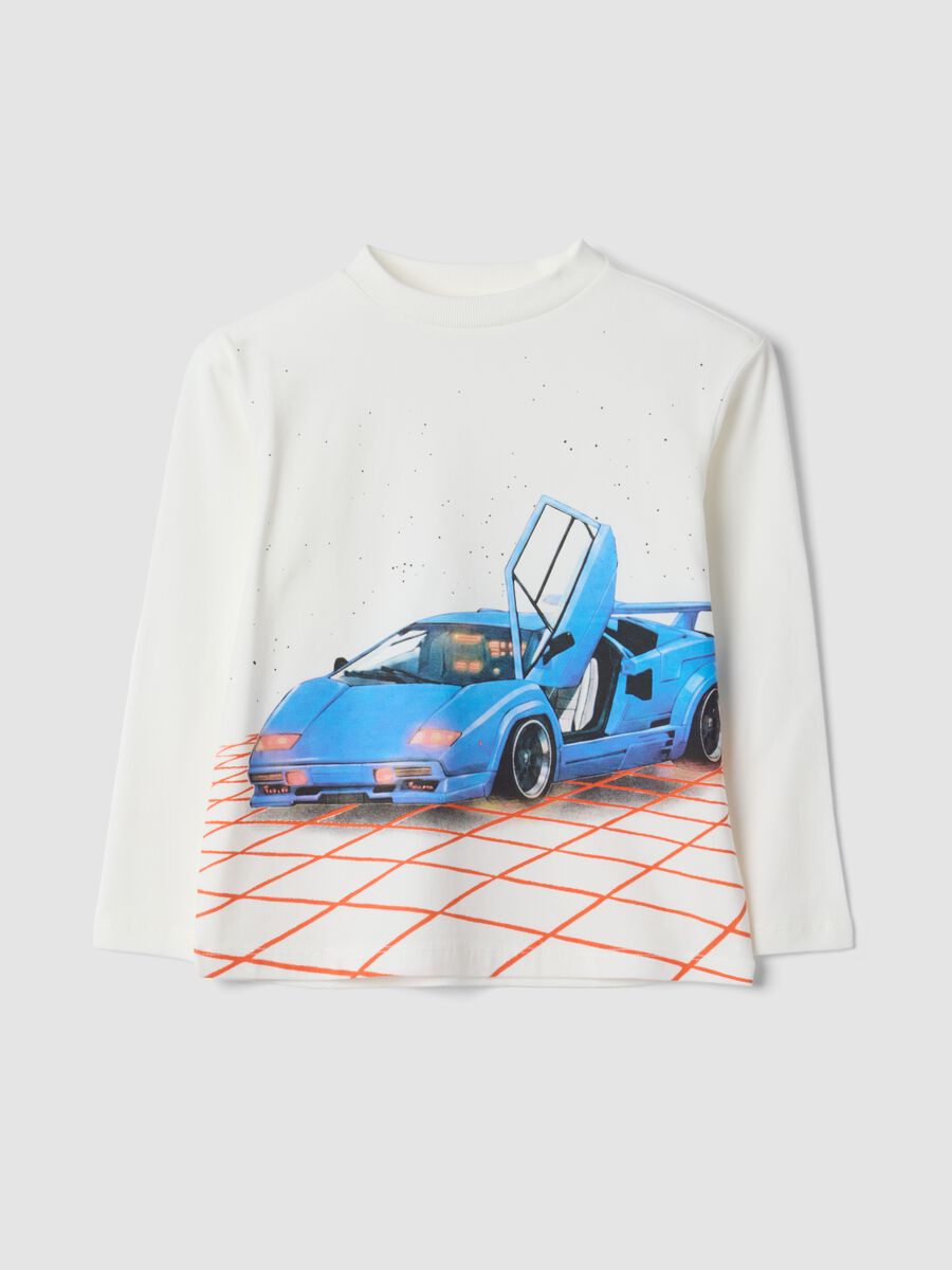 White organic stretch cotton T-shirt with car print_0