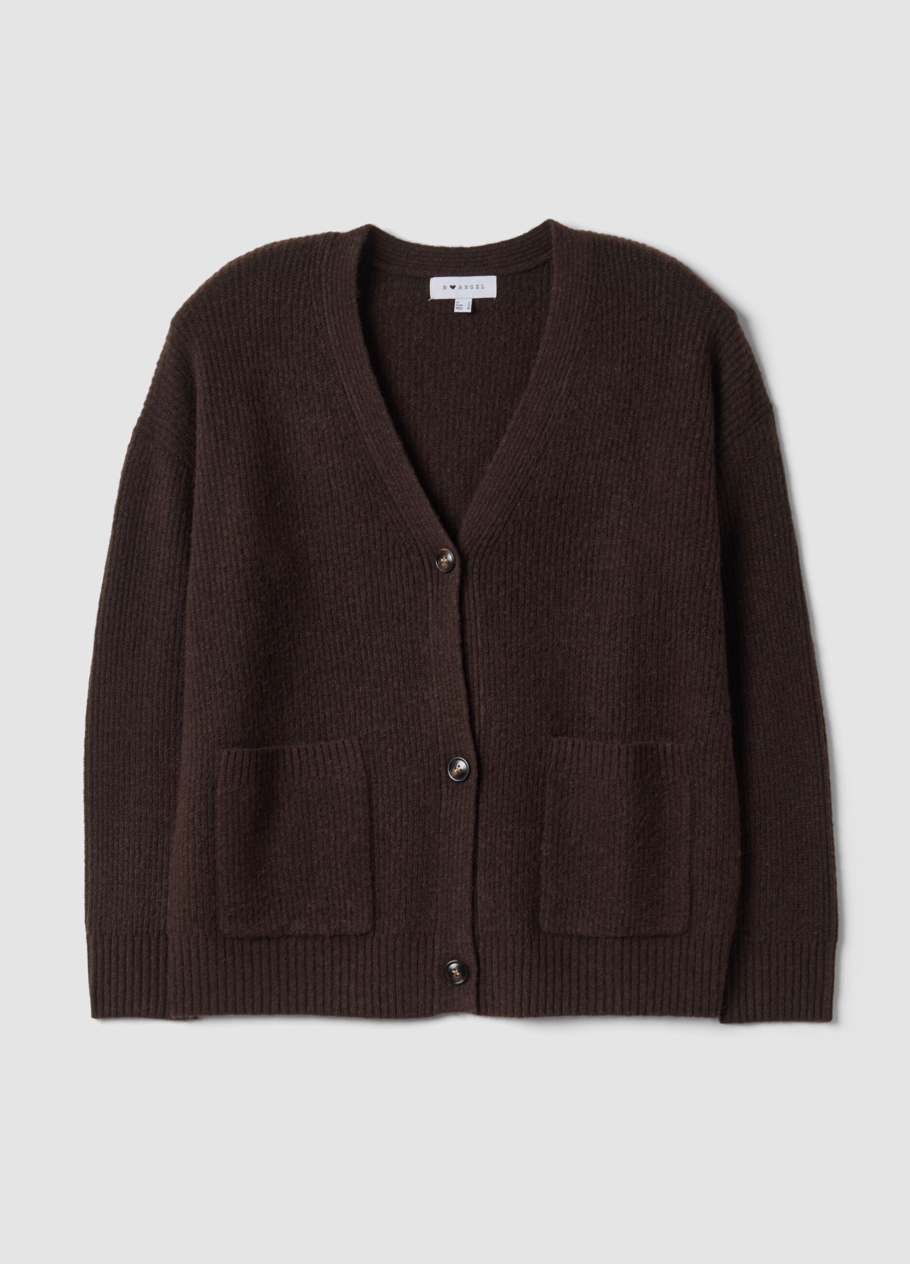 Brown stretch-fabric cardigan with deep V-neck