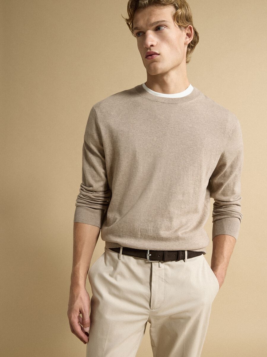 Beige crew-neck jumper in cotton and cashmere blend, regular fit_1