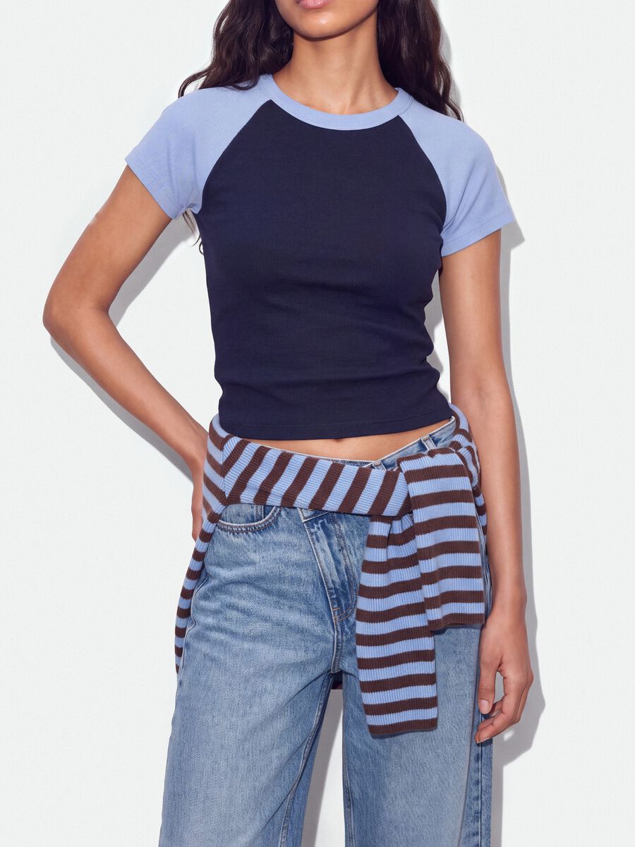 Blue stretch cotton crew-neck T-shirt with contrast sleeves_3