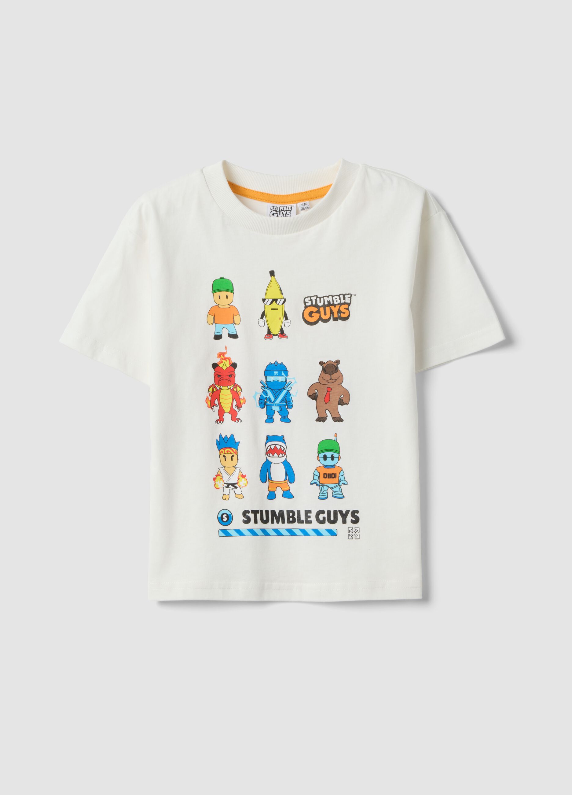Kids&rsquo; white pure cotton T-shirt with Stumble Guys print, regular fit
