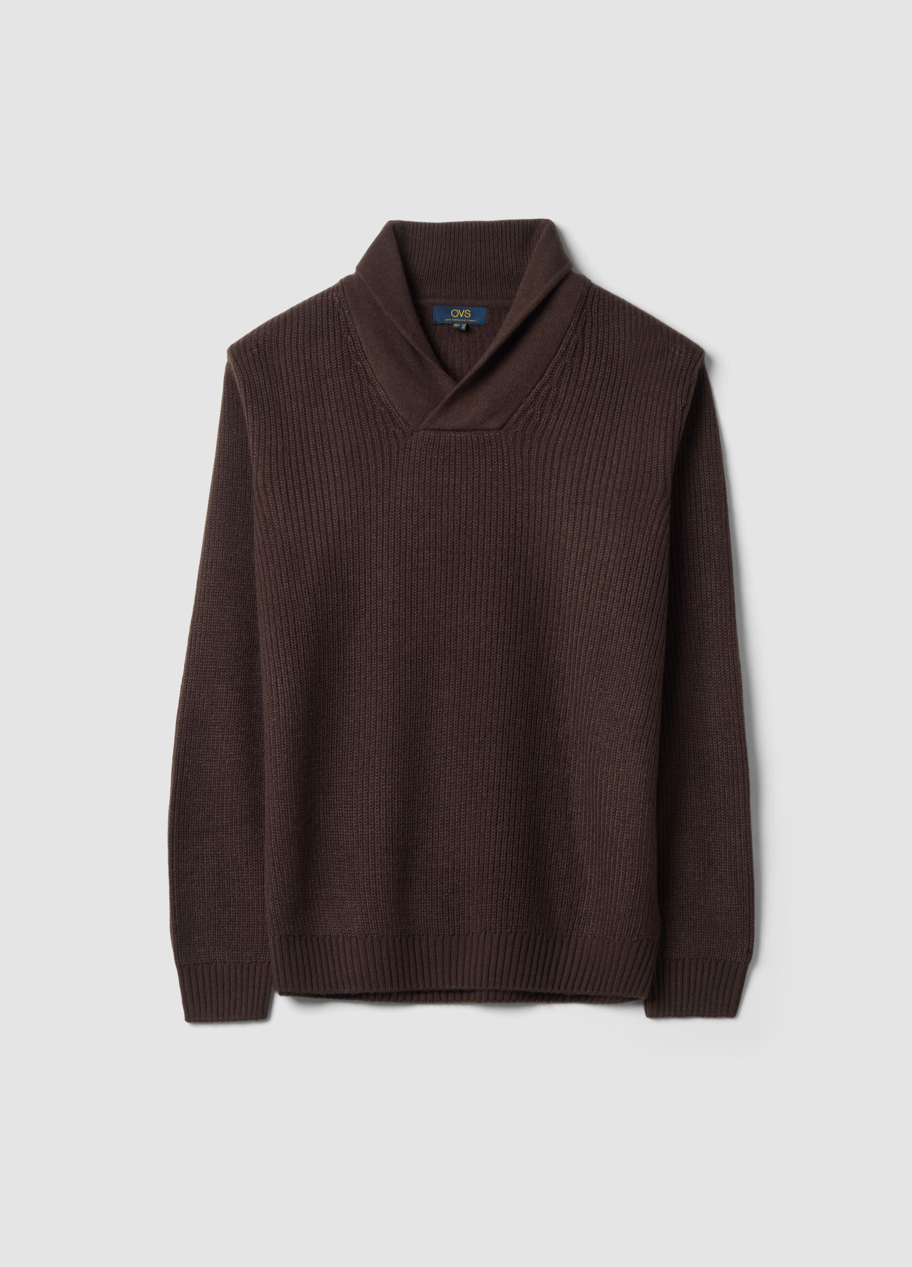 Brown ribbed shawl-collar jumper, regular fit