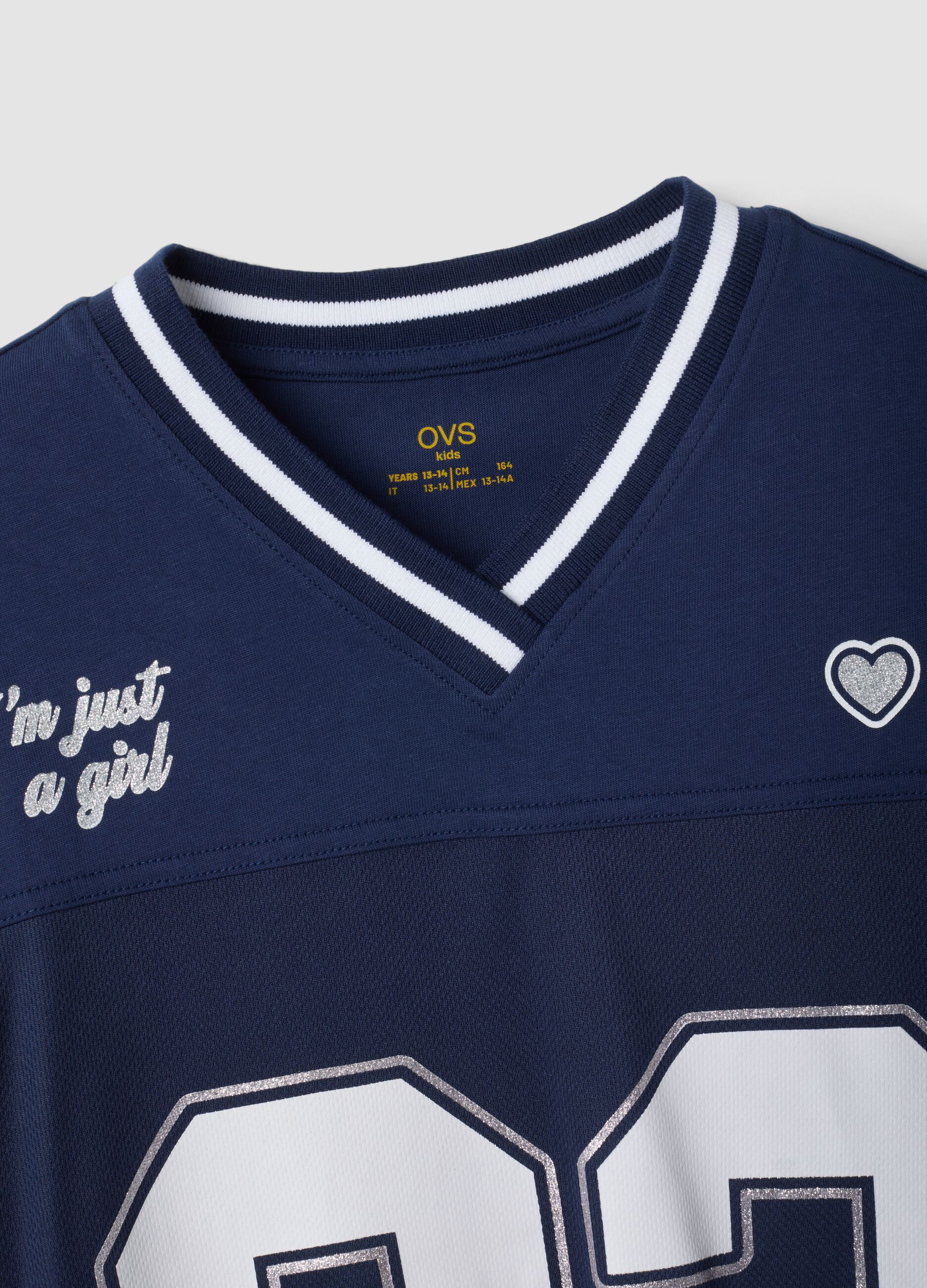 T-shirt blu in puro cotone con scollo profondo a V