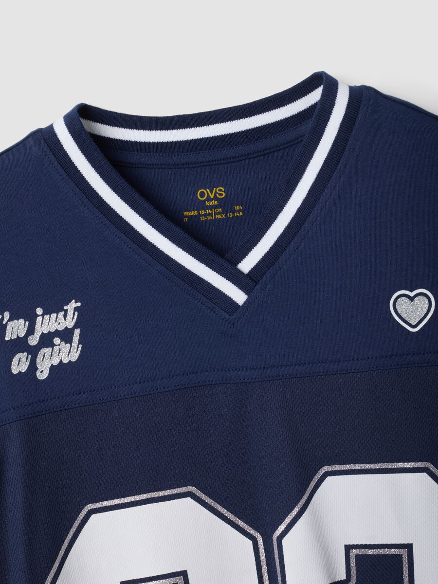 T-shirt blu in puro cotone con scollo profondo a V_1