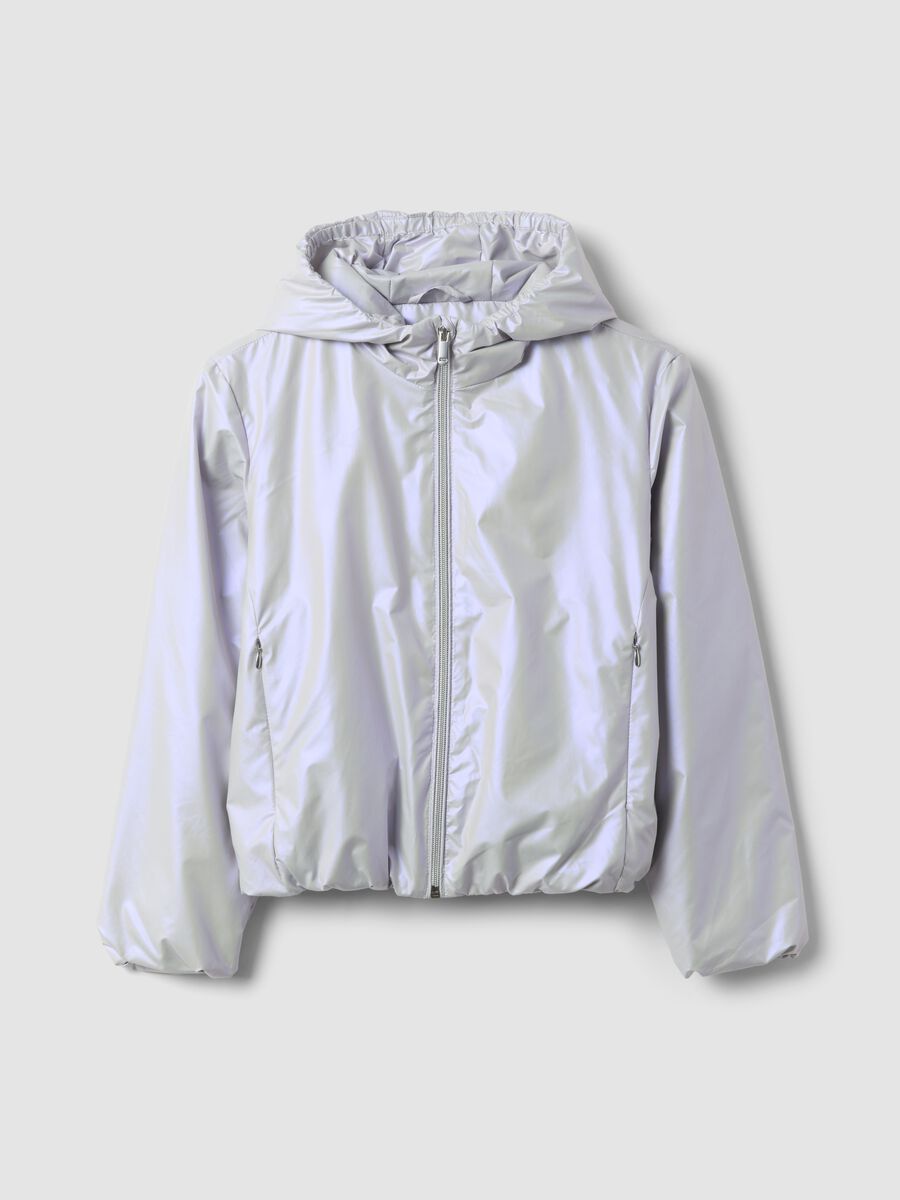 Grey hooded rain jacket with zip for girls_4