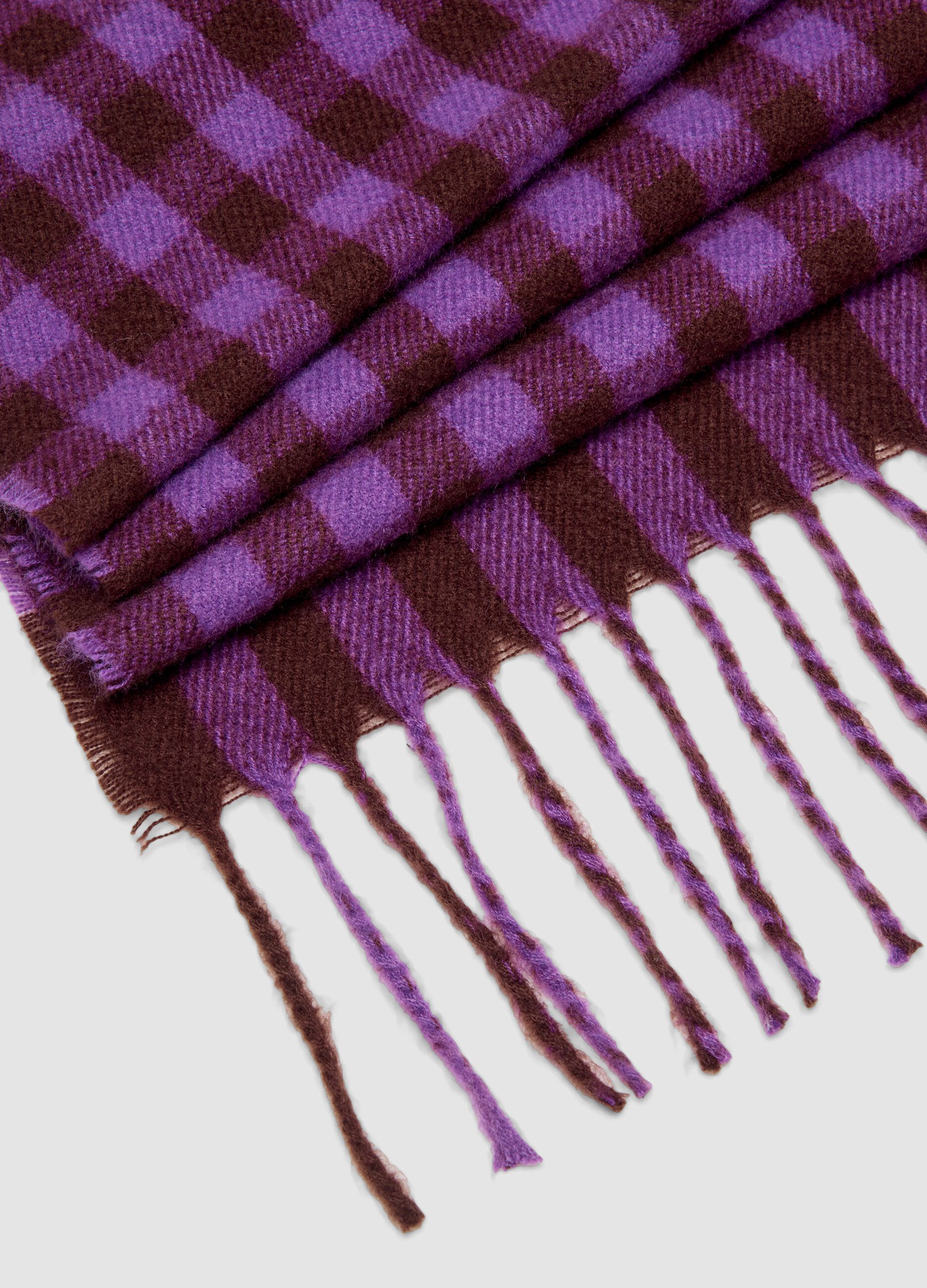 Purple checked viscose-blend scarf with fringes