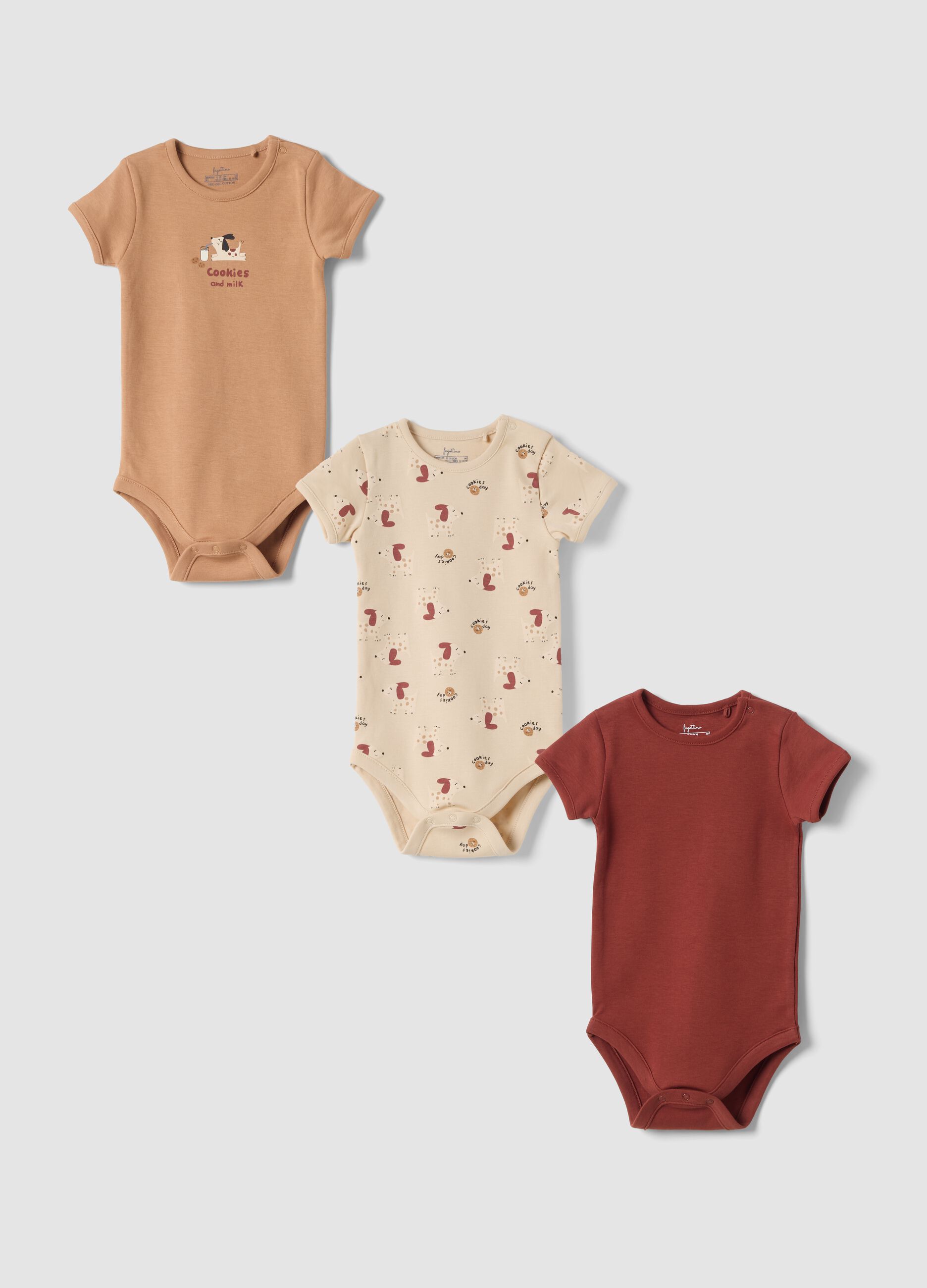 Tripack body beige e rosso in puro cotone organico a girocollo