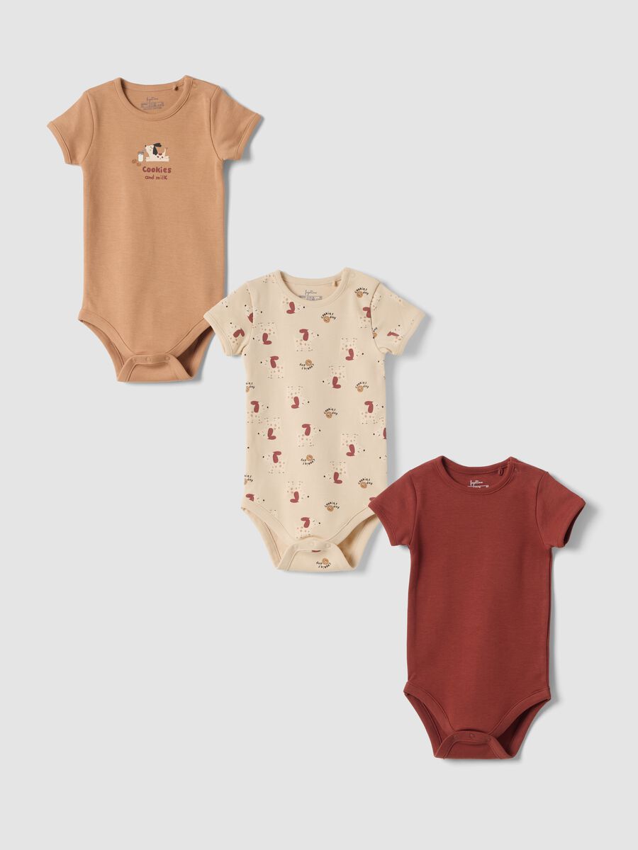 Tripack body beige e rosso in puro cotone organico a girocollo_0