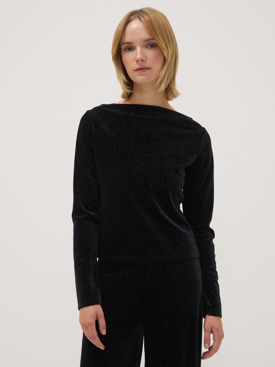 Black Stretch Fabric Crew-Neck Top_0