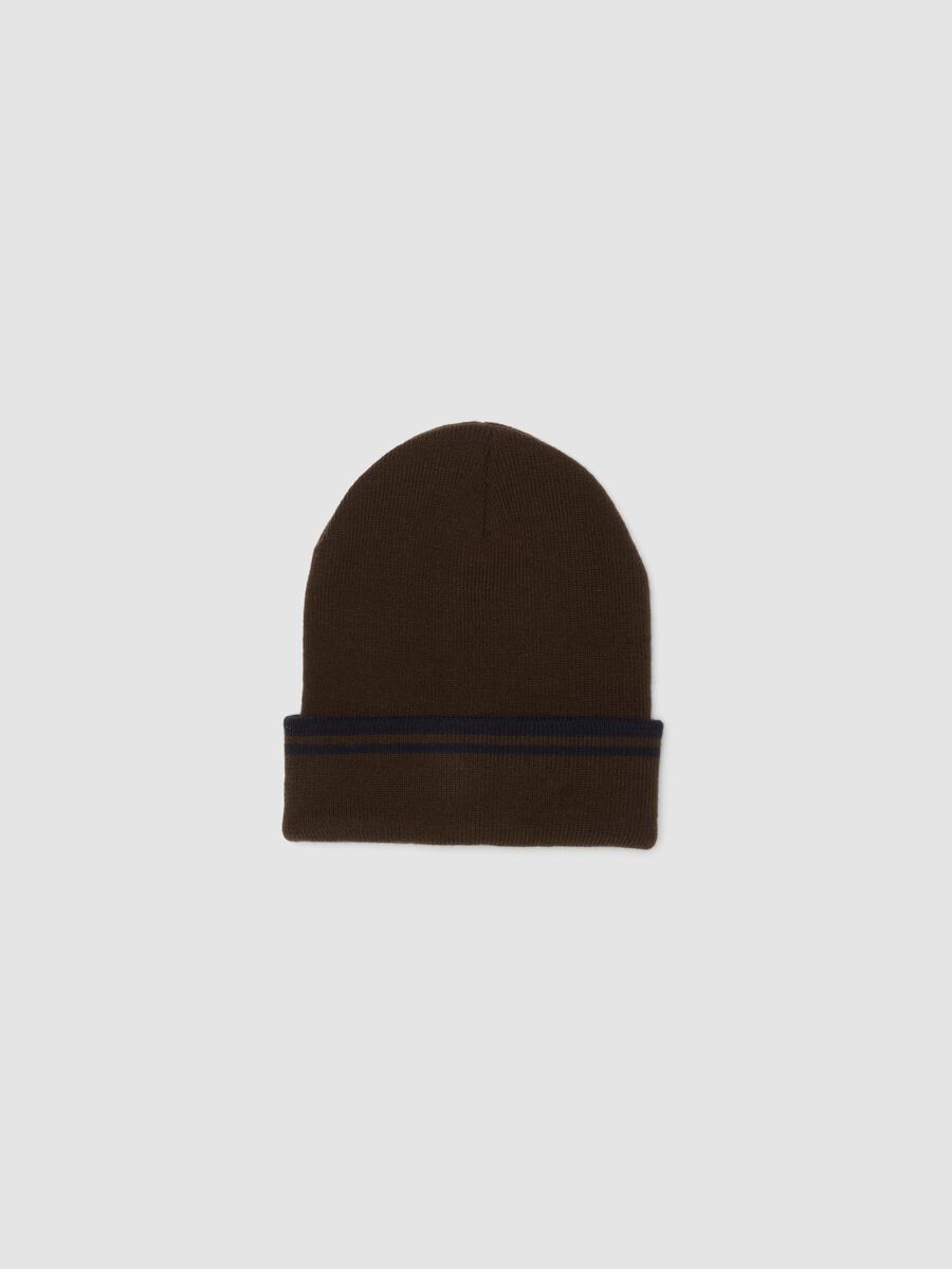 Brown jersey-knit beanie with striped turn-up_0