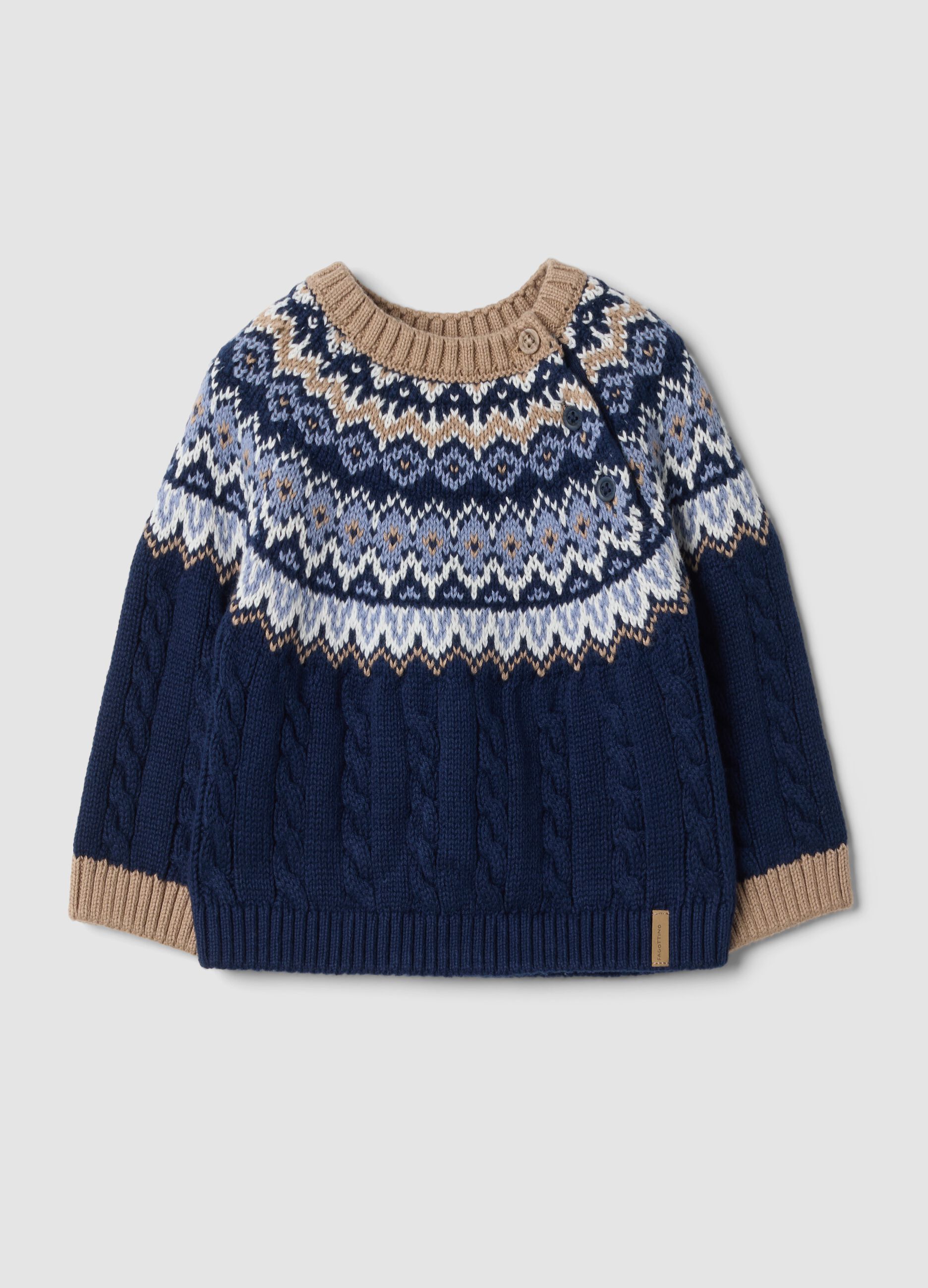 Blue jacquard regular-fit cable-knit jumper in pure organic cotton
