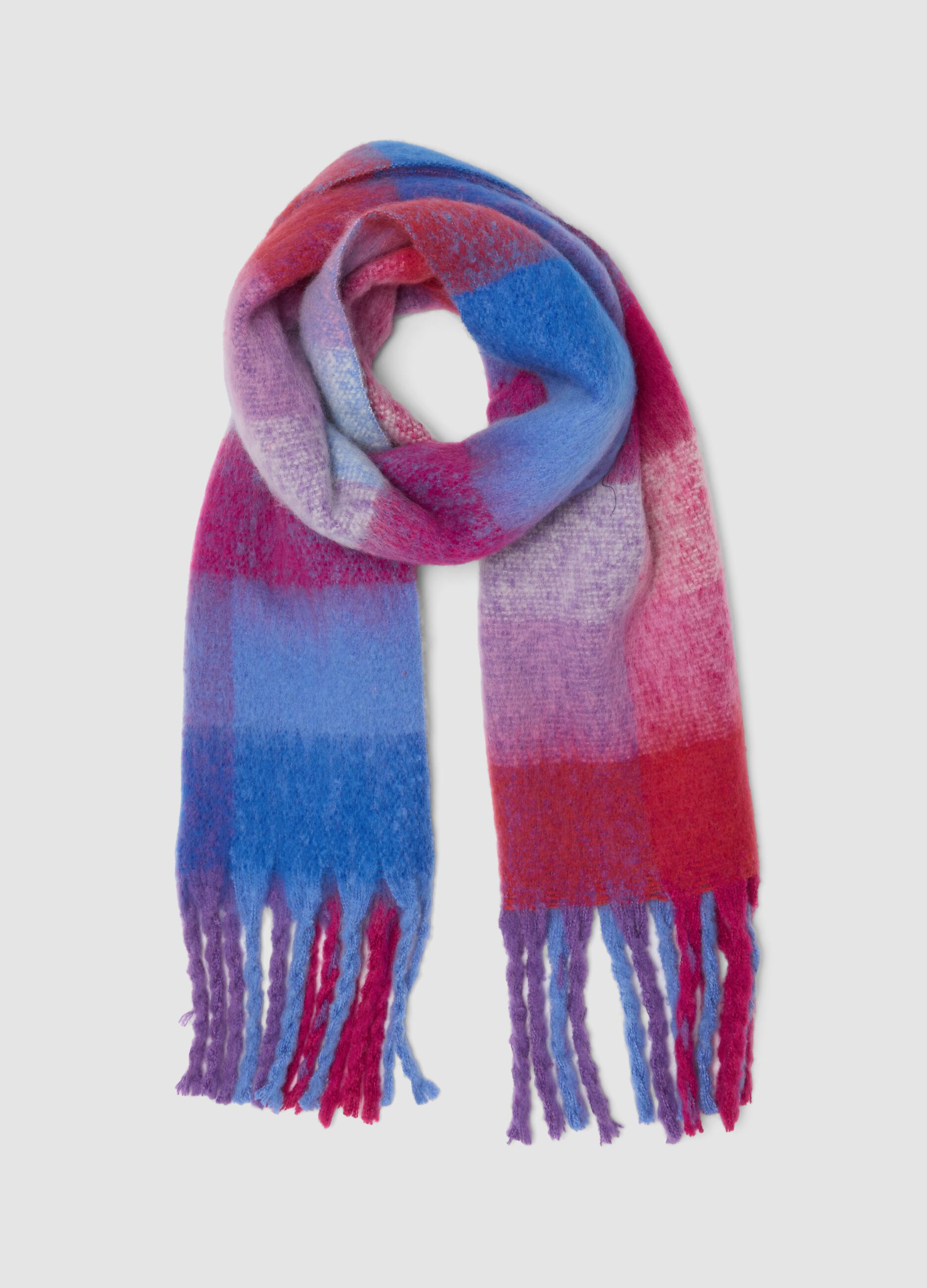Sciarpa rosa in misto lana con frange