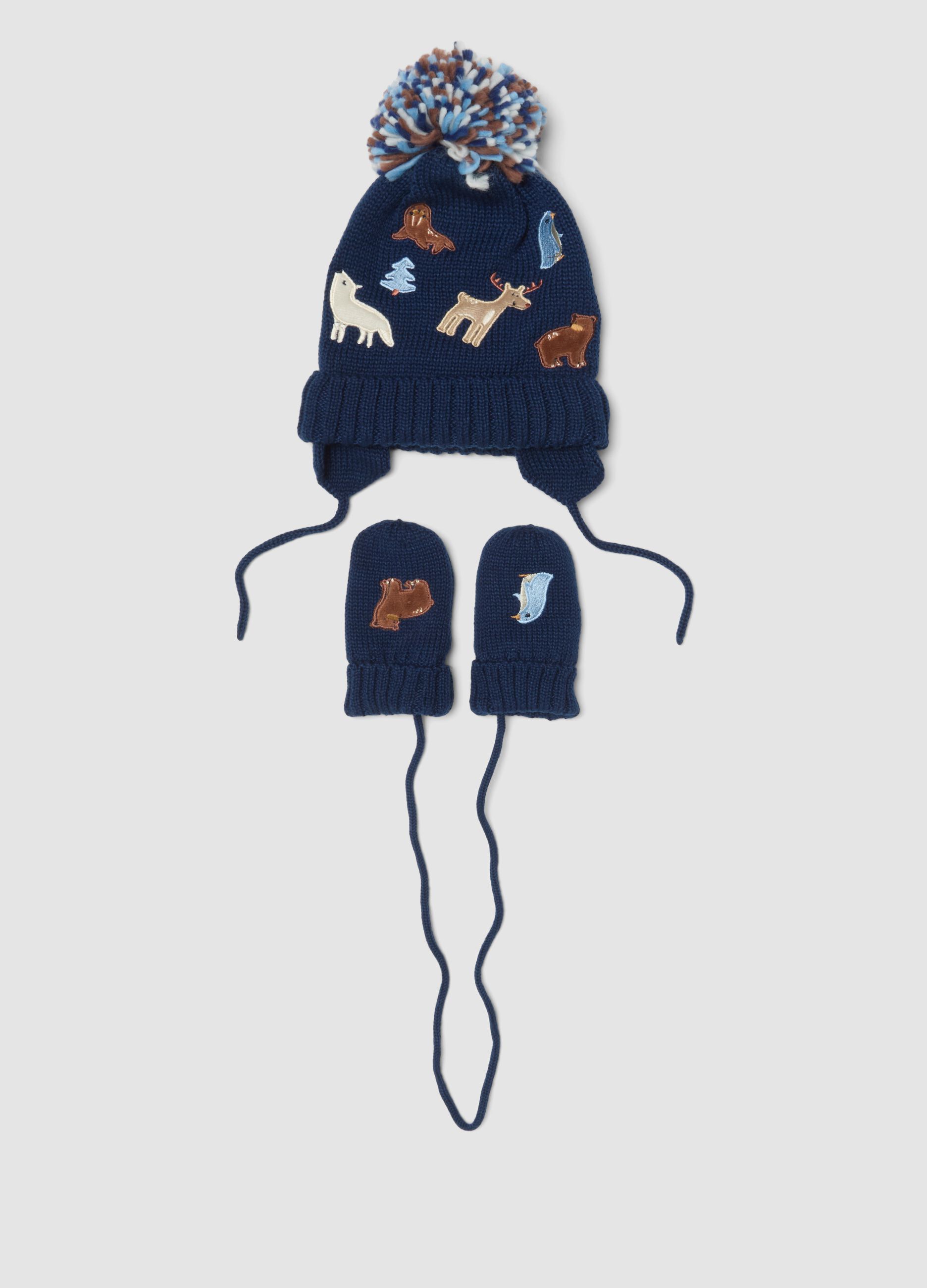 Set blu con cappello e muffole in maglia jacquard