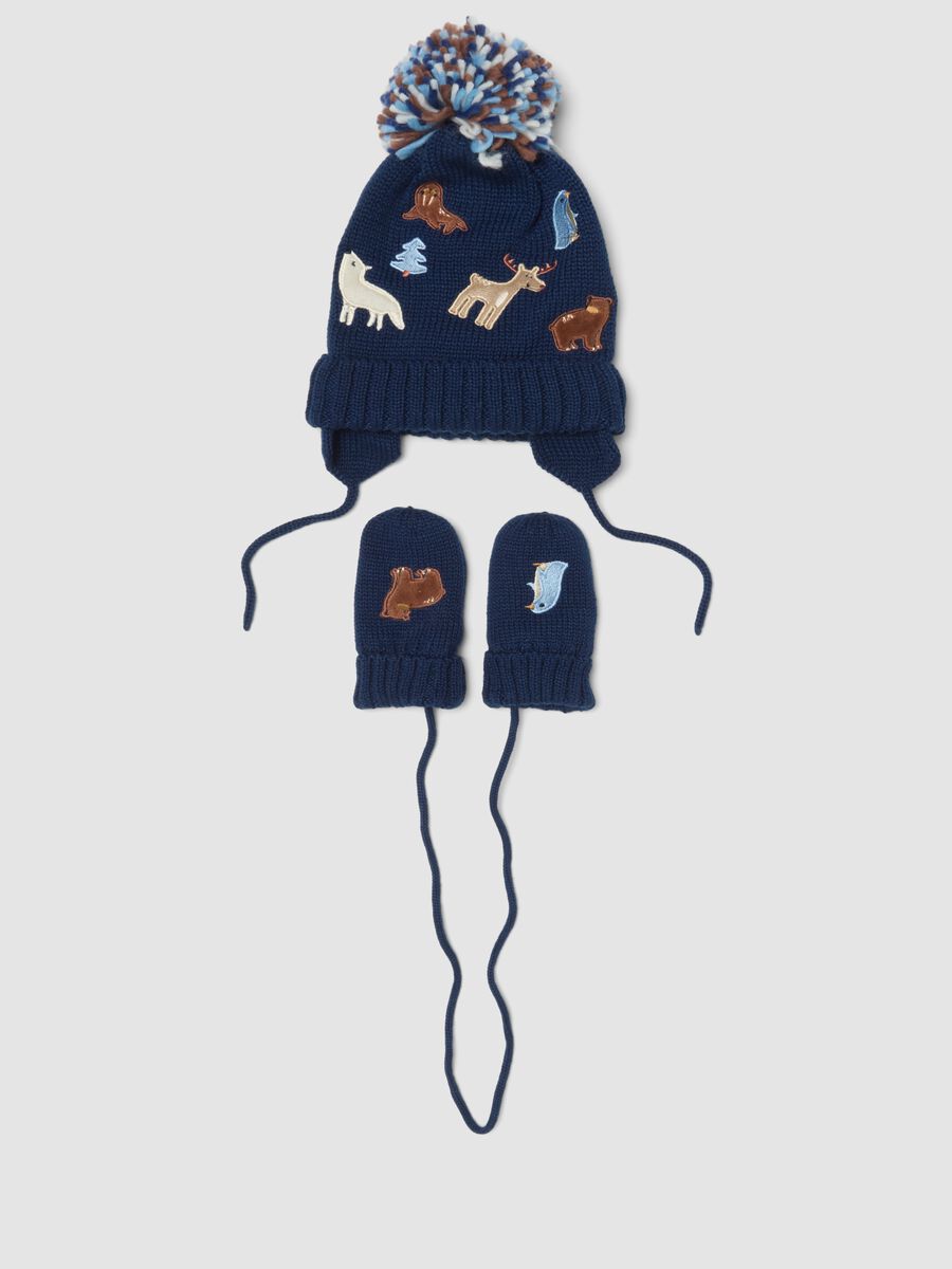 Blue jacquard knit hat and mittens set_0