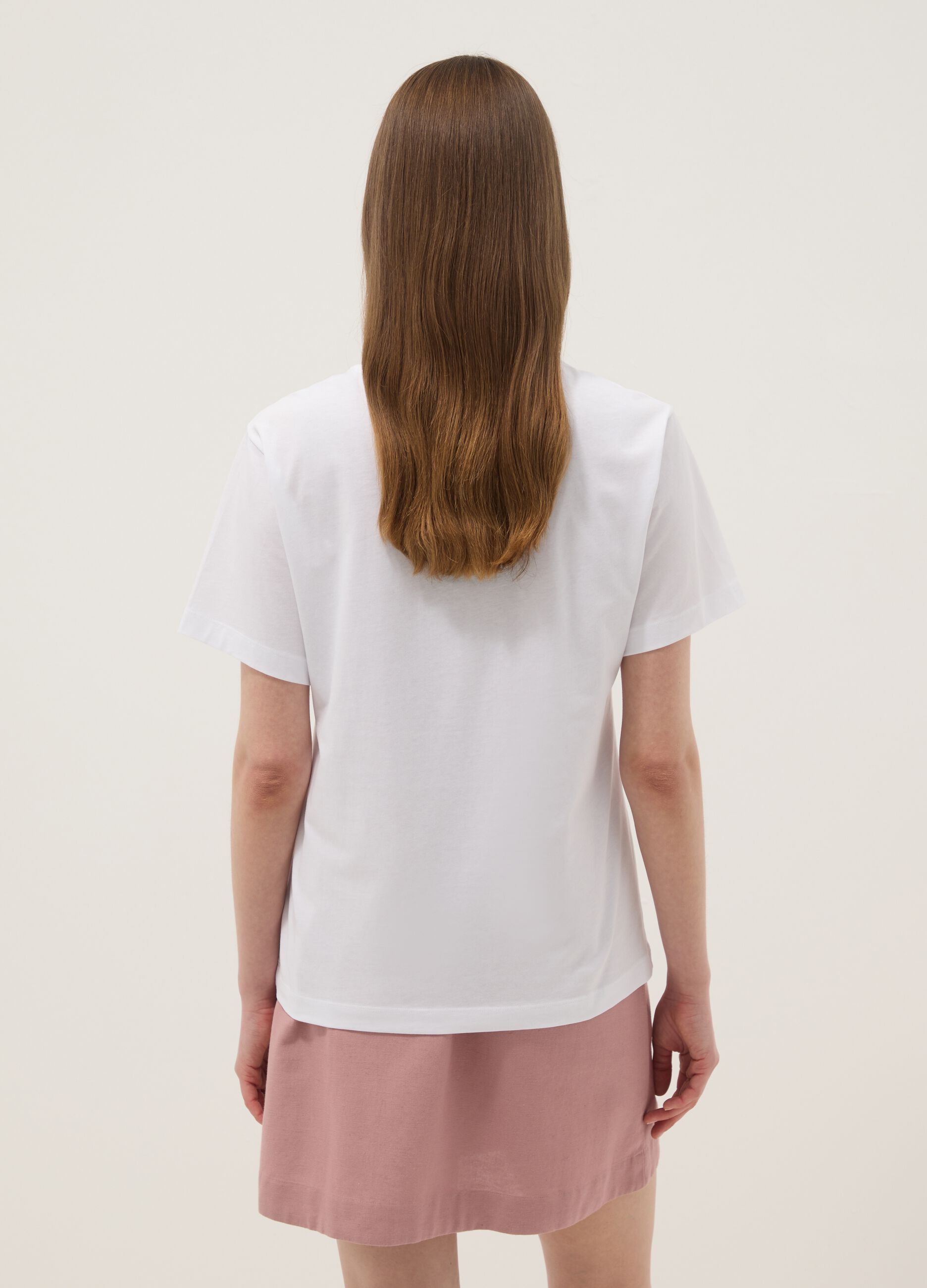 White pure cotton T-shirt with floral print, regular fit