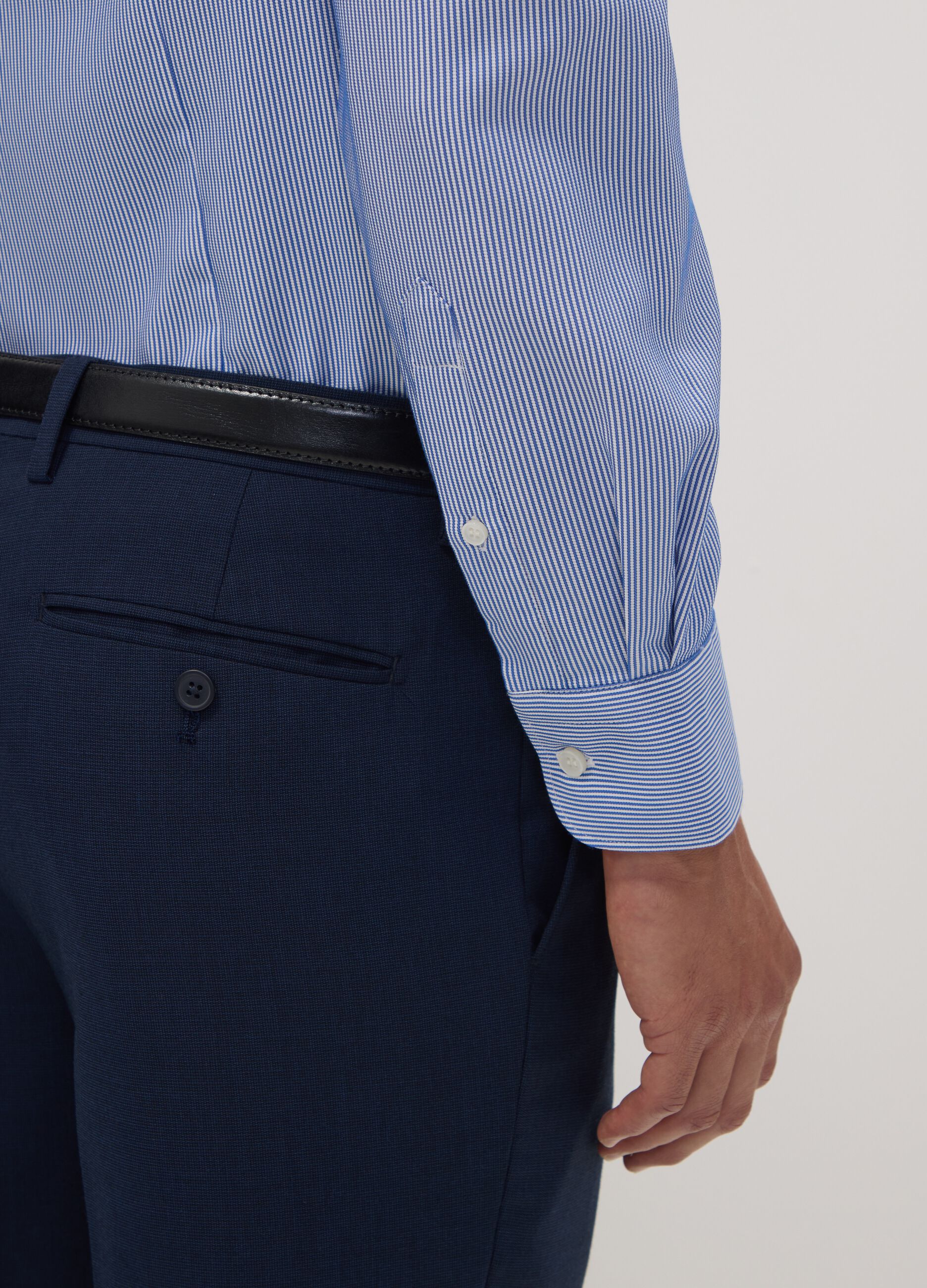 Camicia bianca e blu in dobby di misto lyocell a righe slim fit Easy Iron