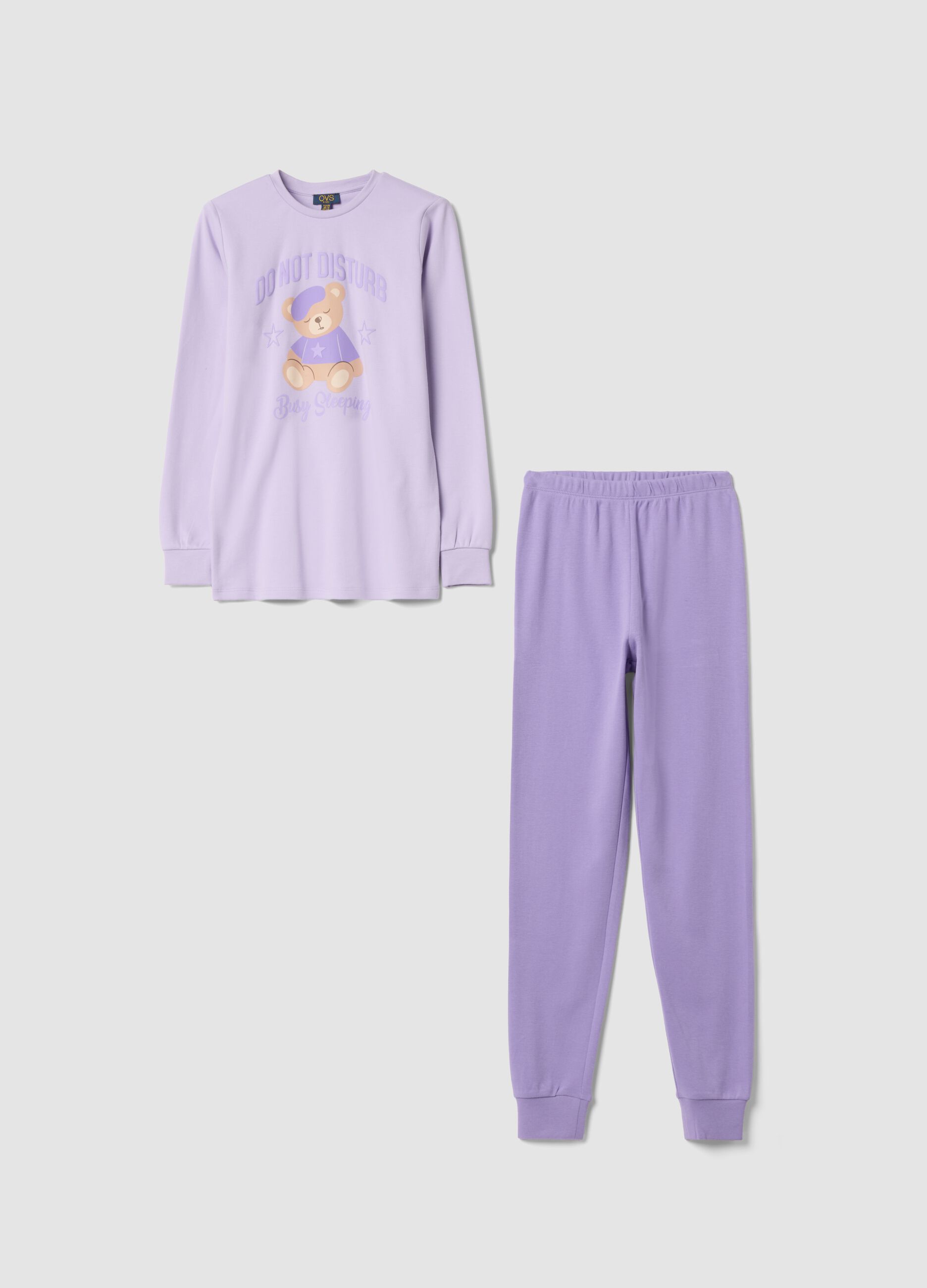 Pigiama viola in puro cotone organico con stampa teddy regular fit