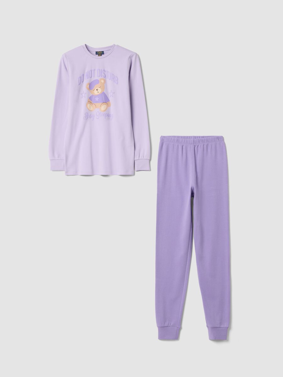 Pigiama viola in puro cotone organico con stampa teddy regular fit_0