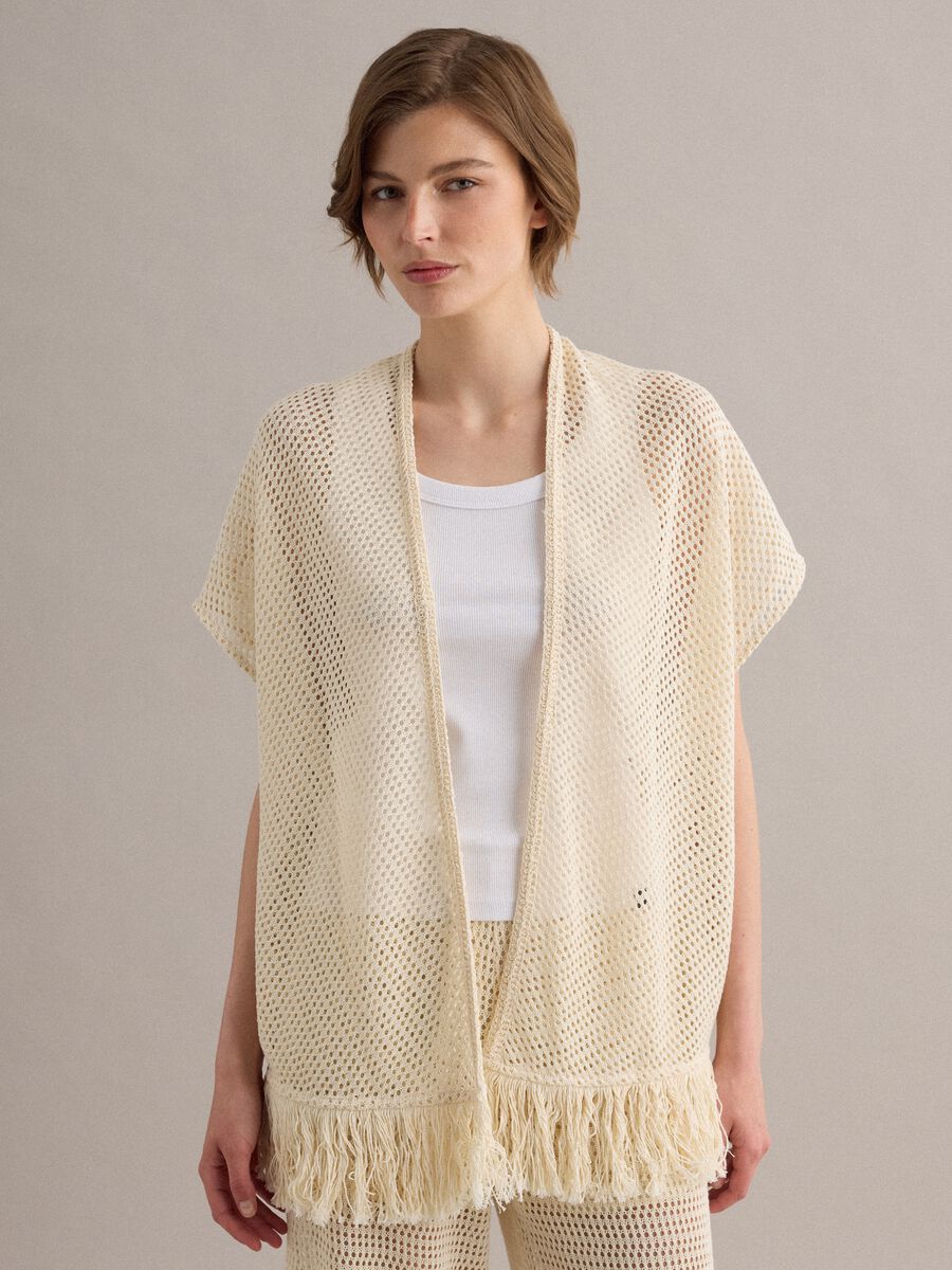 White crochet viscose-blend cardigan with fringes, regular fit_0