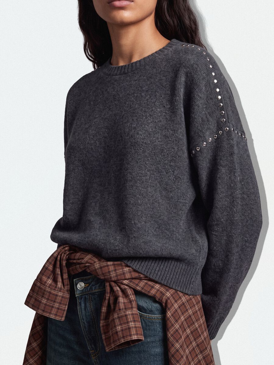 Grey stretch wool jumper with studded trims_2