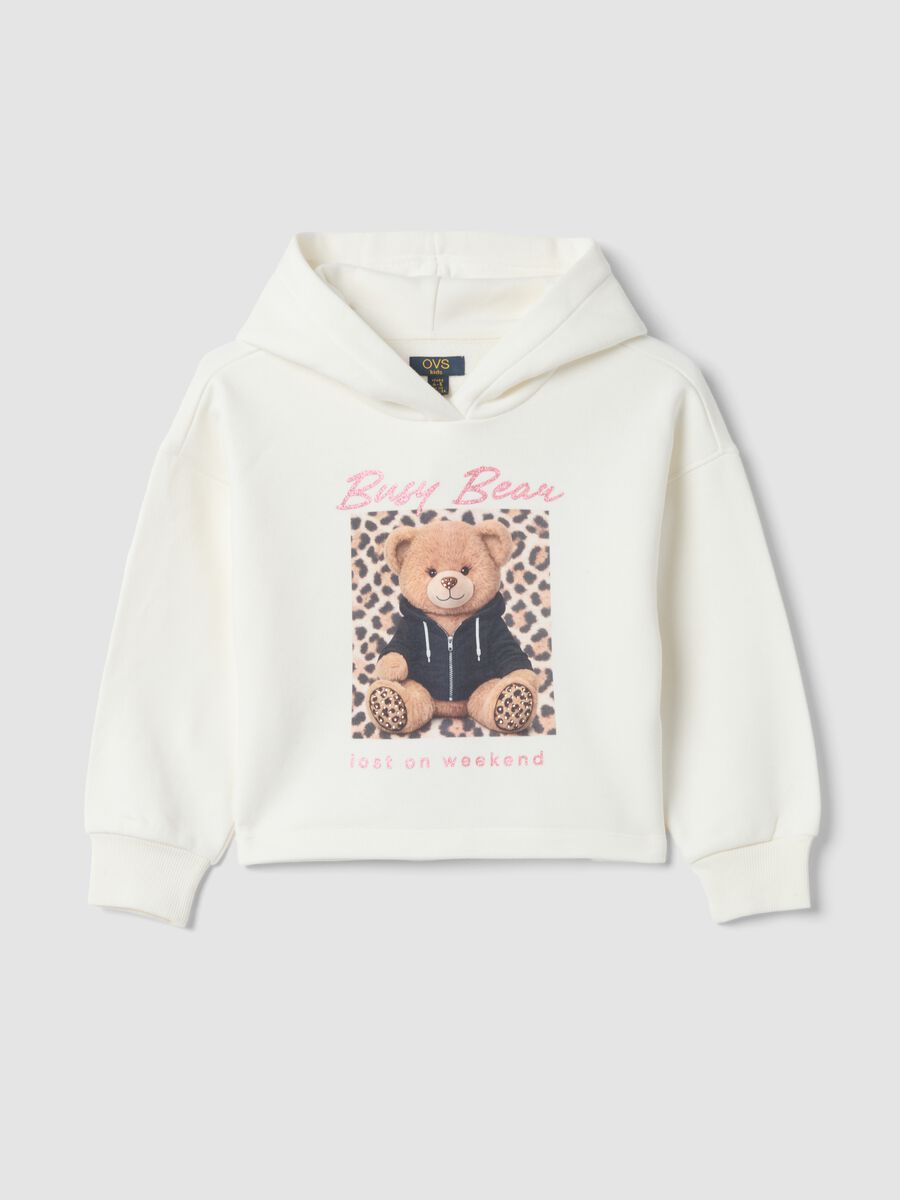 White hooded sweatshirt with teddy bear print in cotton blend_0