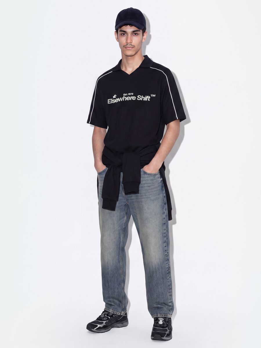 Black pure cotton oversized short-sleeve polo shirt_1