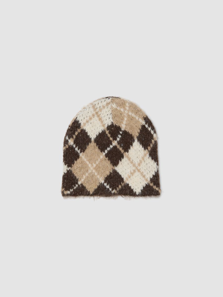Beige stretch wool hat with diamond pattern_0