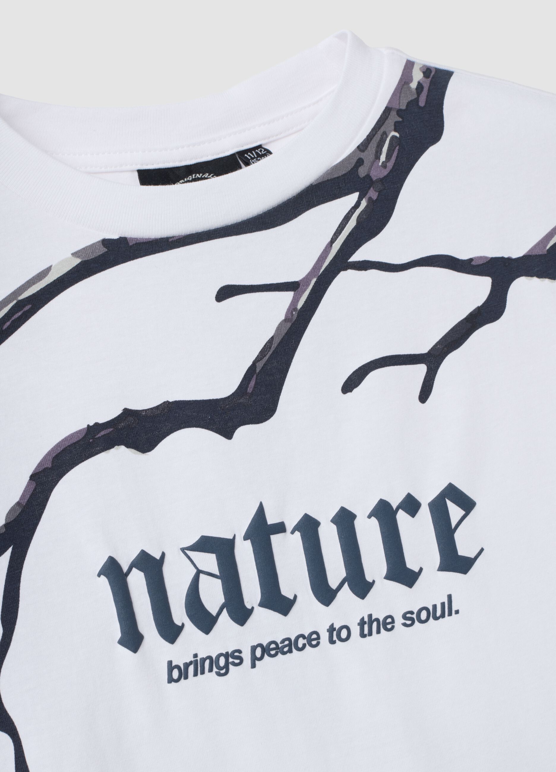 White pure cotton T-shirt with &ldquo;Nature&rdquo; print for boys