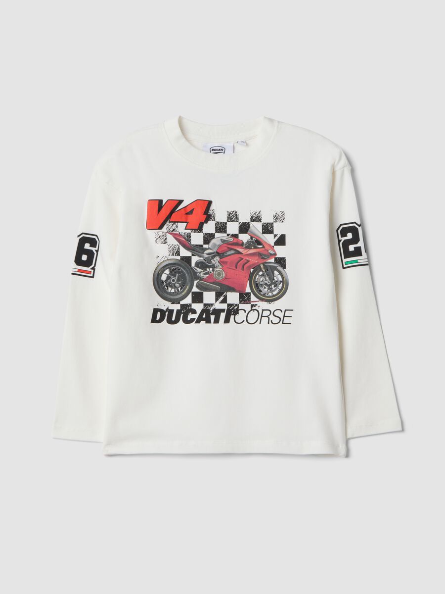 White stretch cotton T-shirt with Ducati print for boys_0