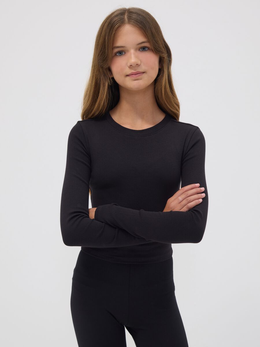 Girls&rsquo; black organic stretch cotton T-shirt with ribbed neckline_0
