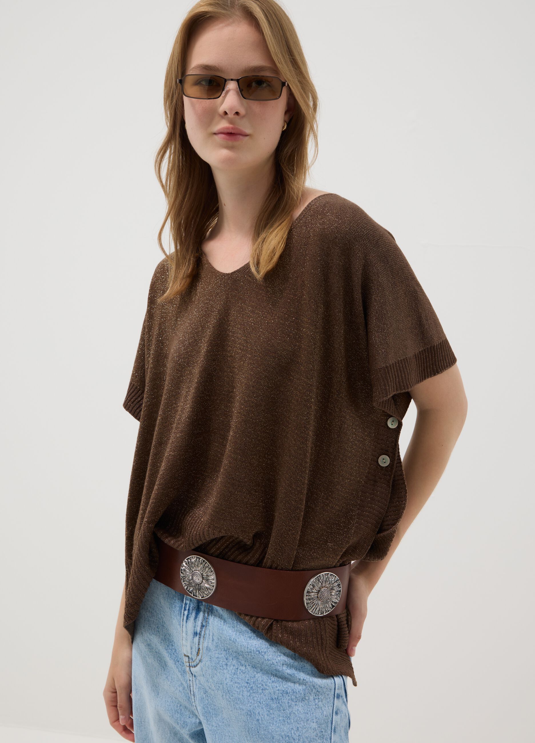 Brown modal-blend V-neck knit top