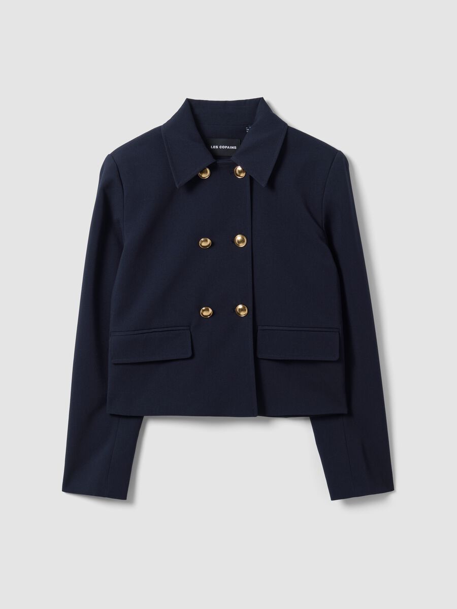 Blue double-breasted stretch viscose blazer with gold-tone buttons_4