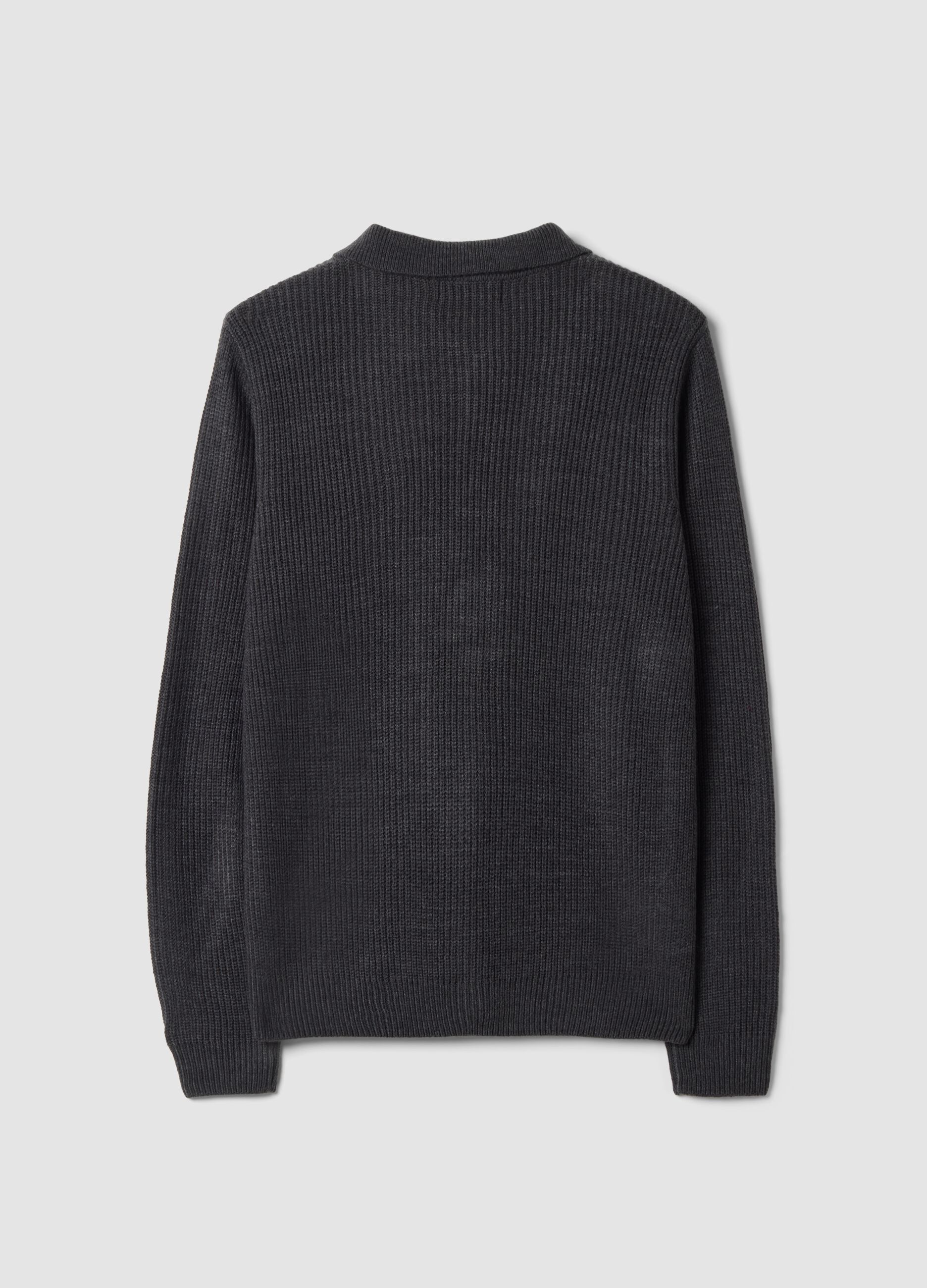 Blue ribbed long-sleeve polo shirt