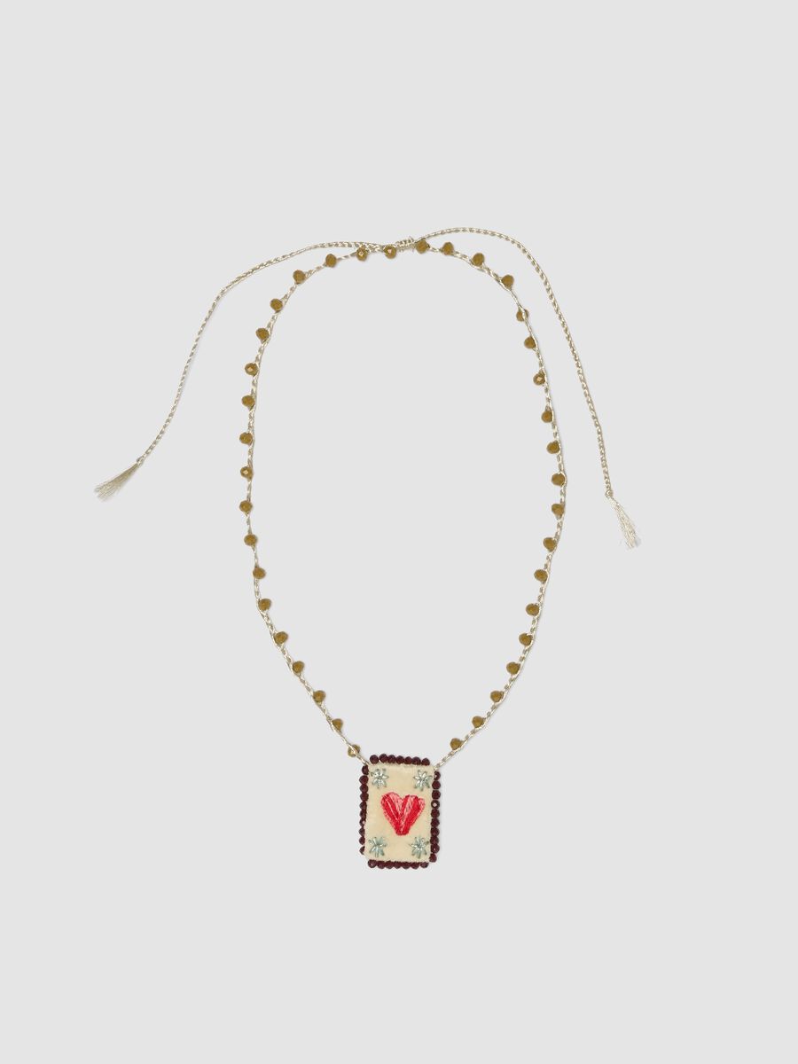 Green necklace with embroidered heart pendant_0