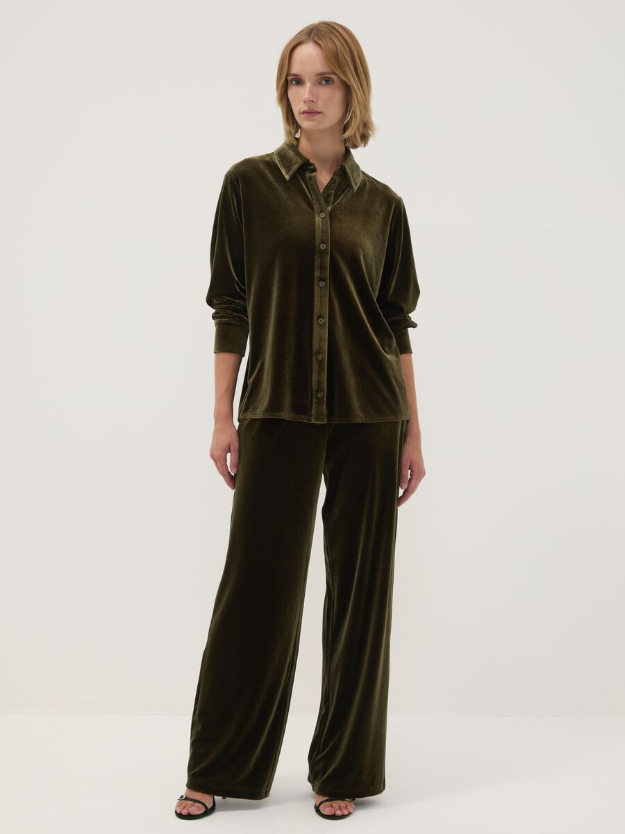 Green wide-leg trousers in stretch velour fabric_0